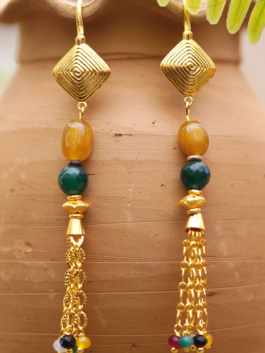 Ochre Green Tassel Drop Earrings