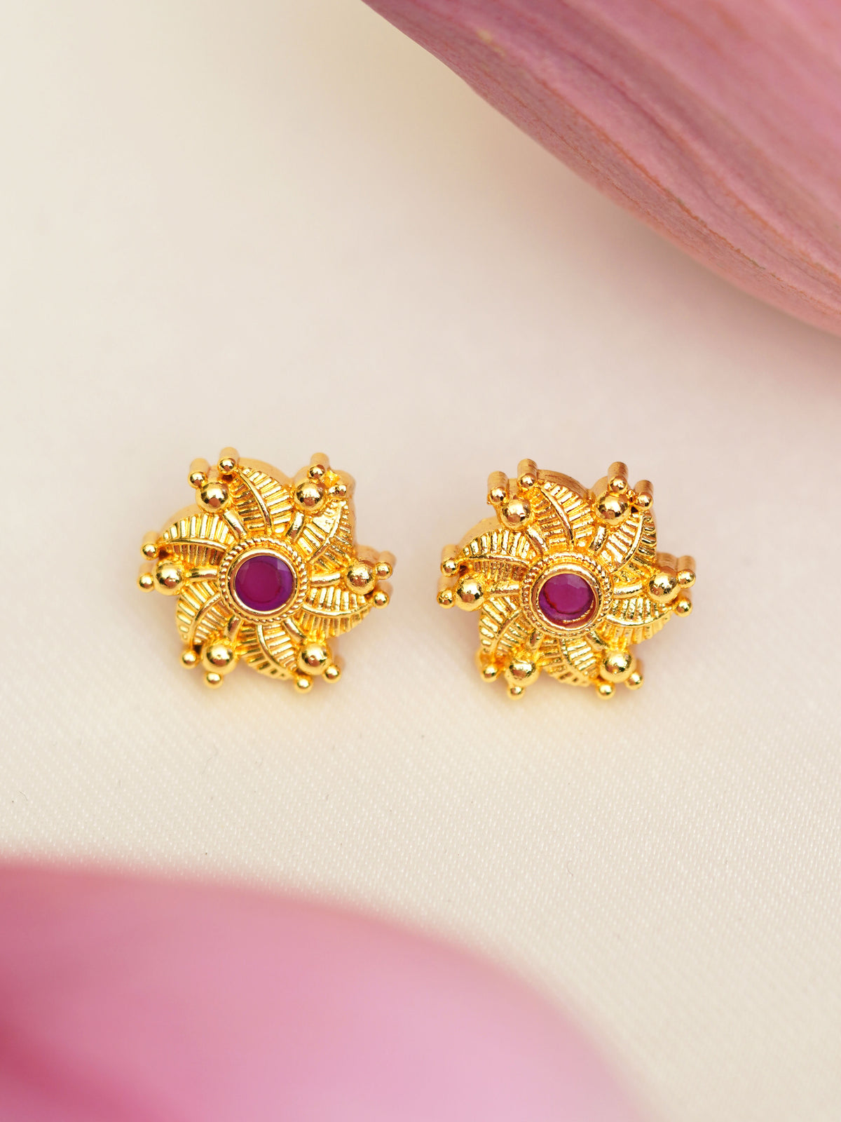 Magenta Floral Wheel Stud Earrings