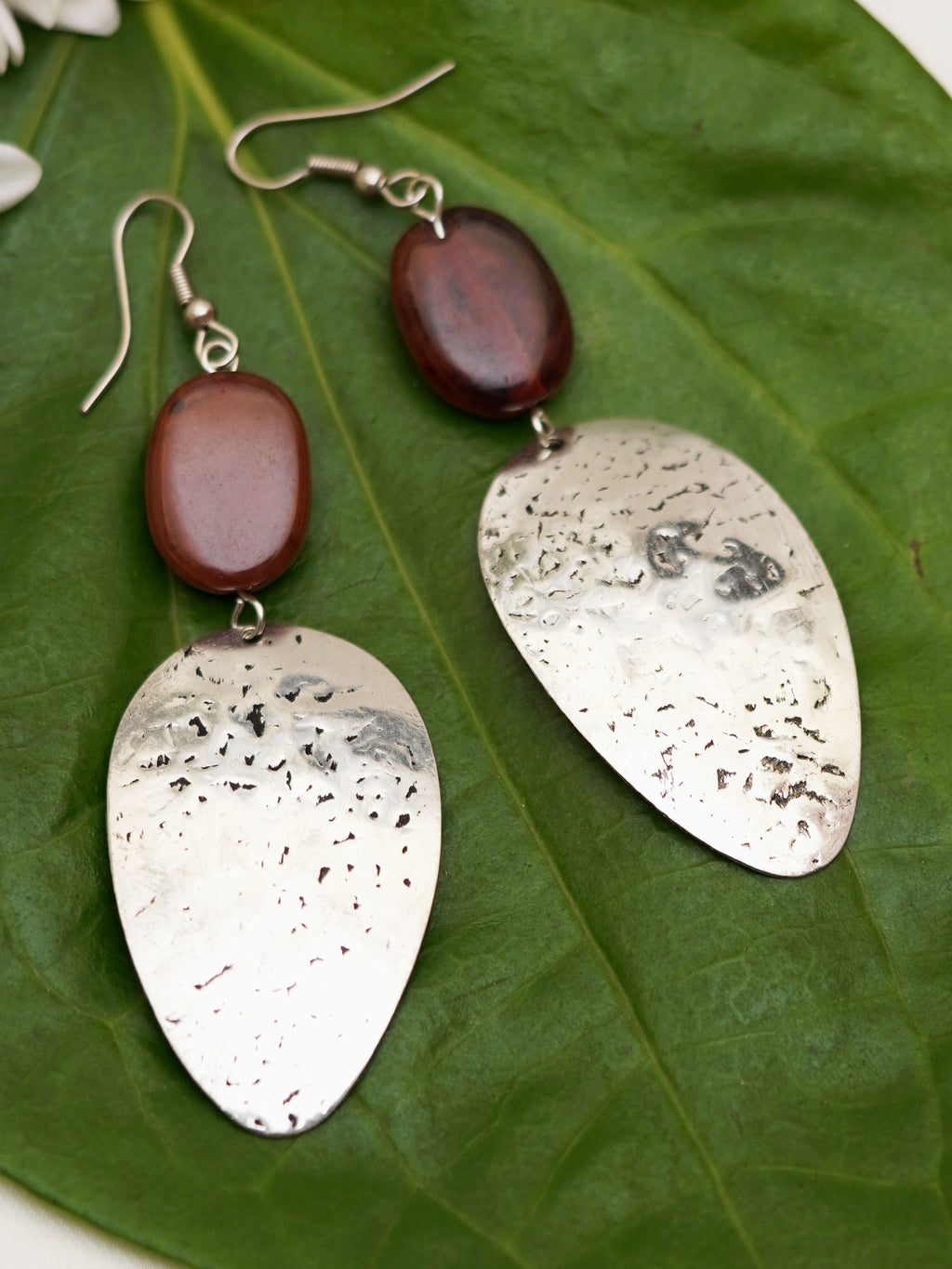 Brown Bead Hammered Oval Earrings