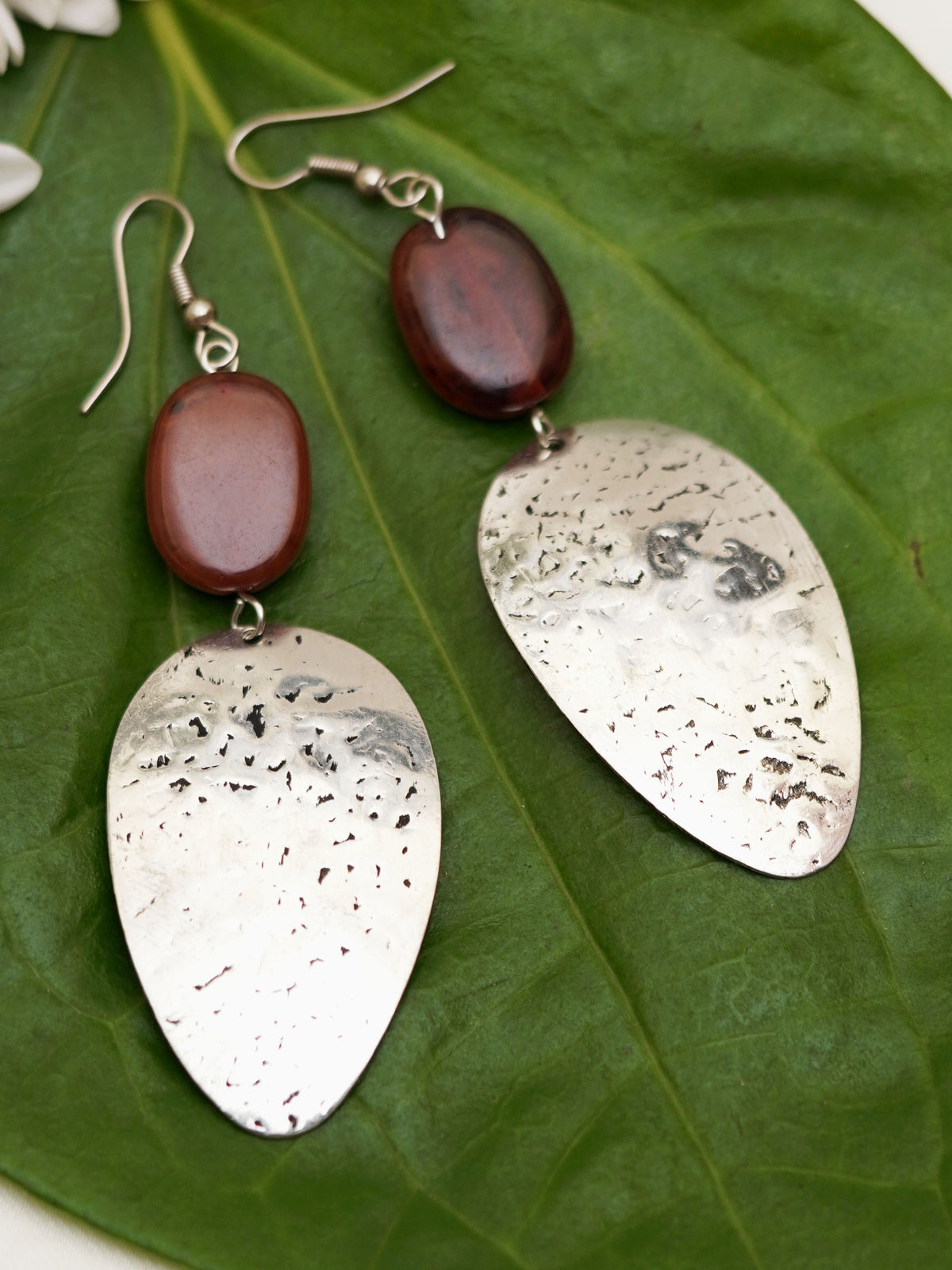 Brown Bead Hammered Oval Earrings