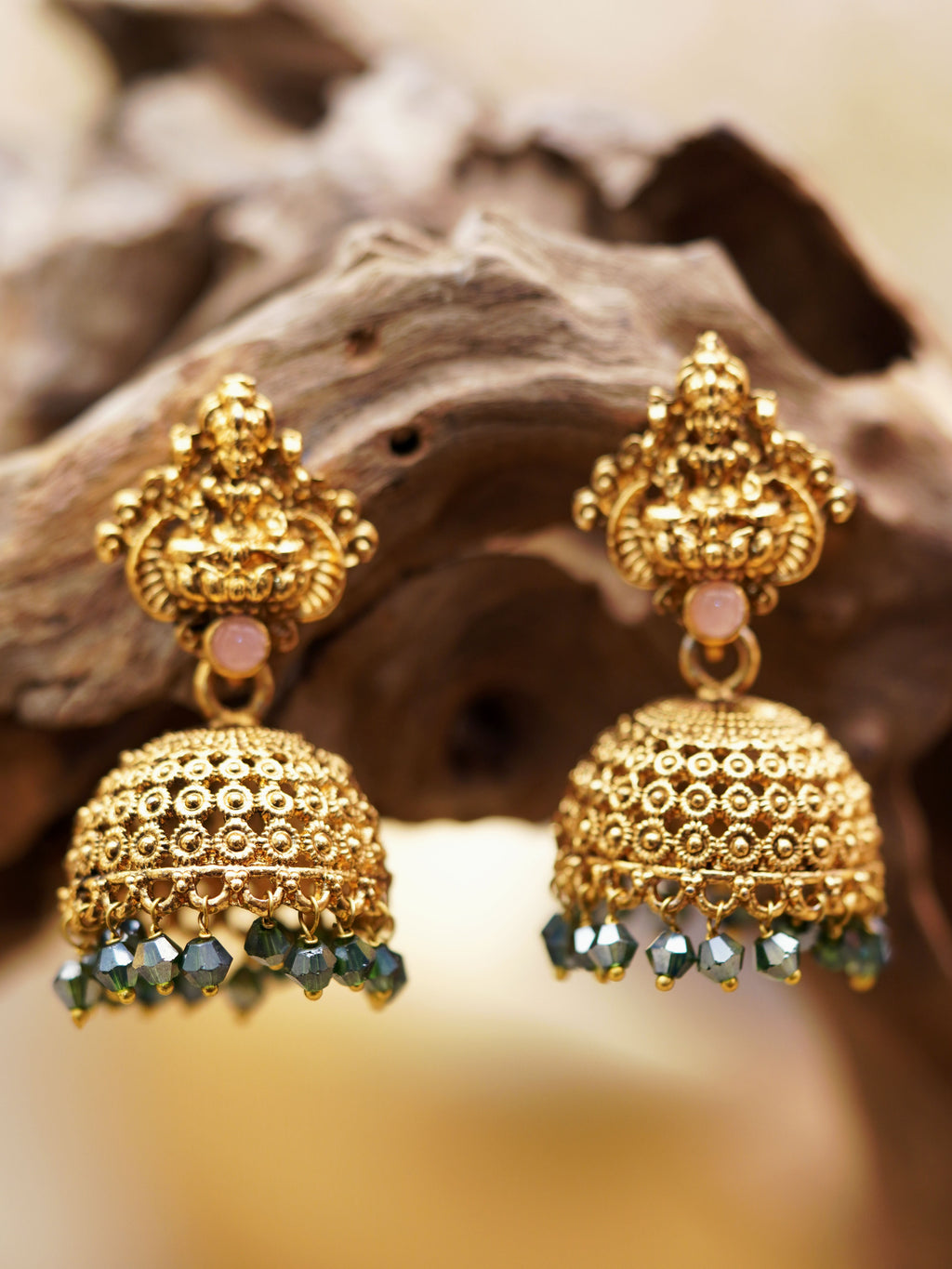 Temple Dome Green Bead Jhumka Earrings