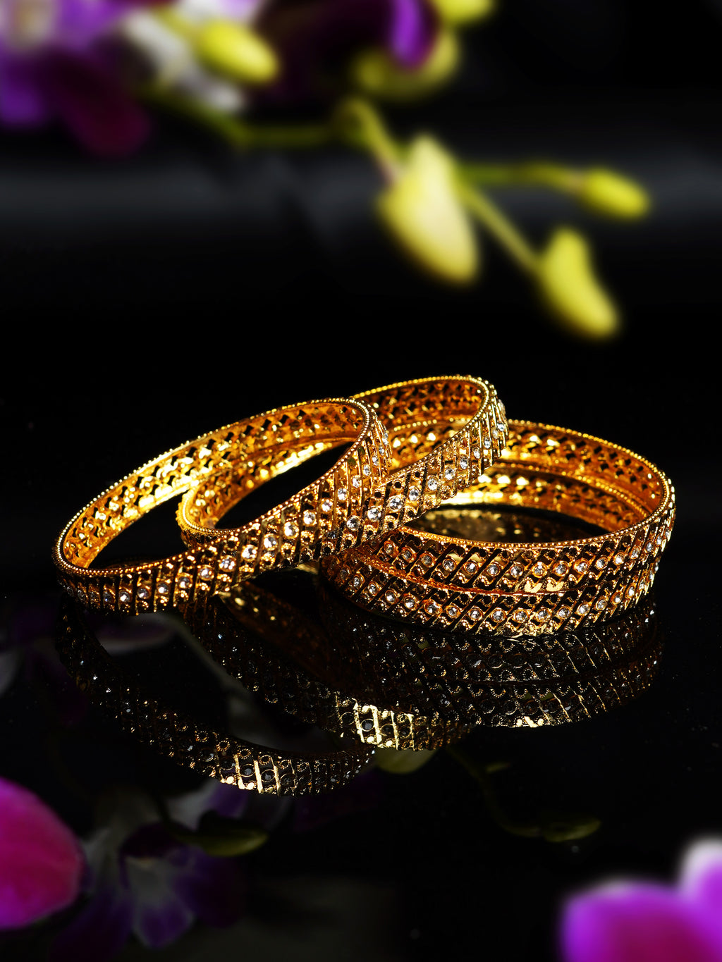 Stone Studded Diagonal Jali Bangle Set