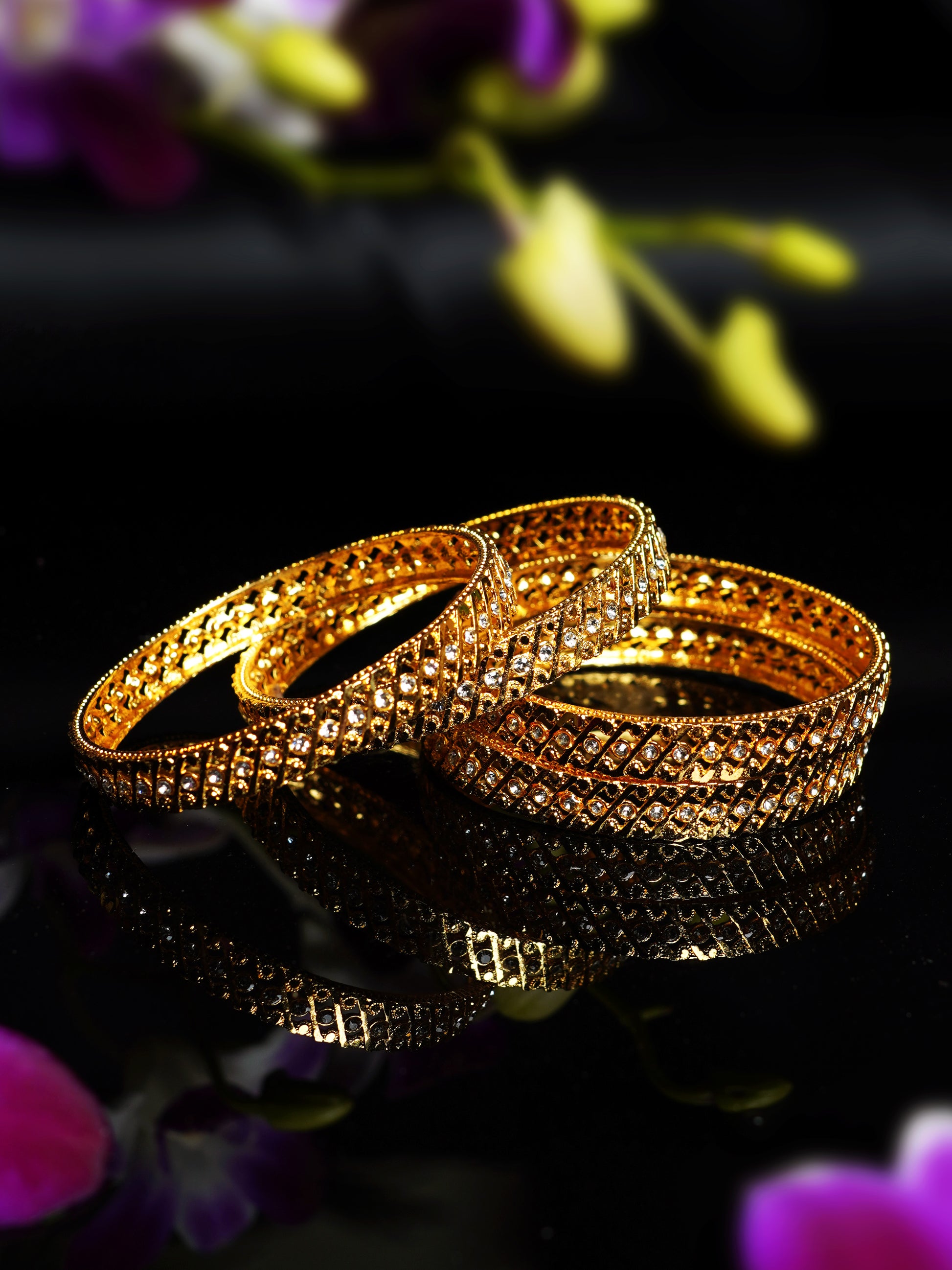 Stone Studded Diagonal Jali Bangle Set