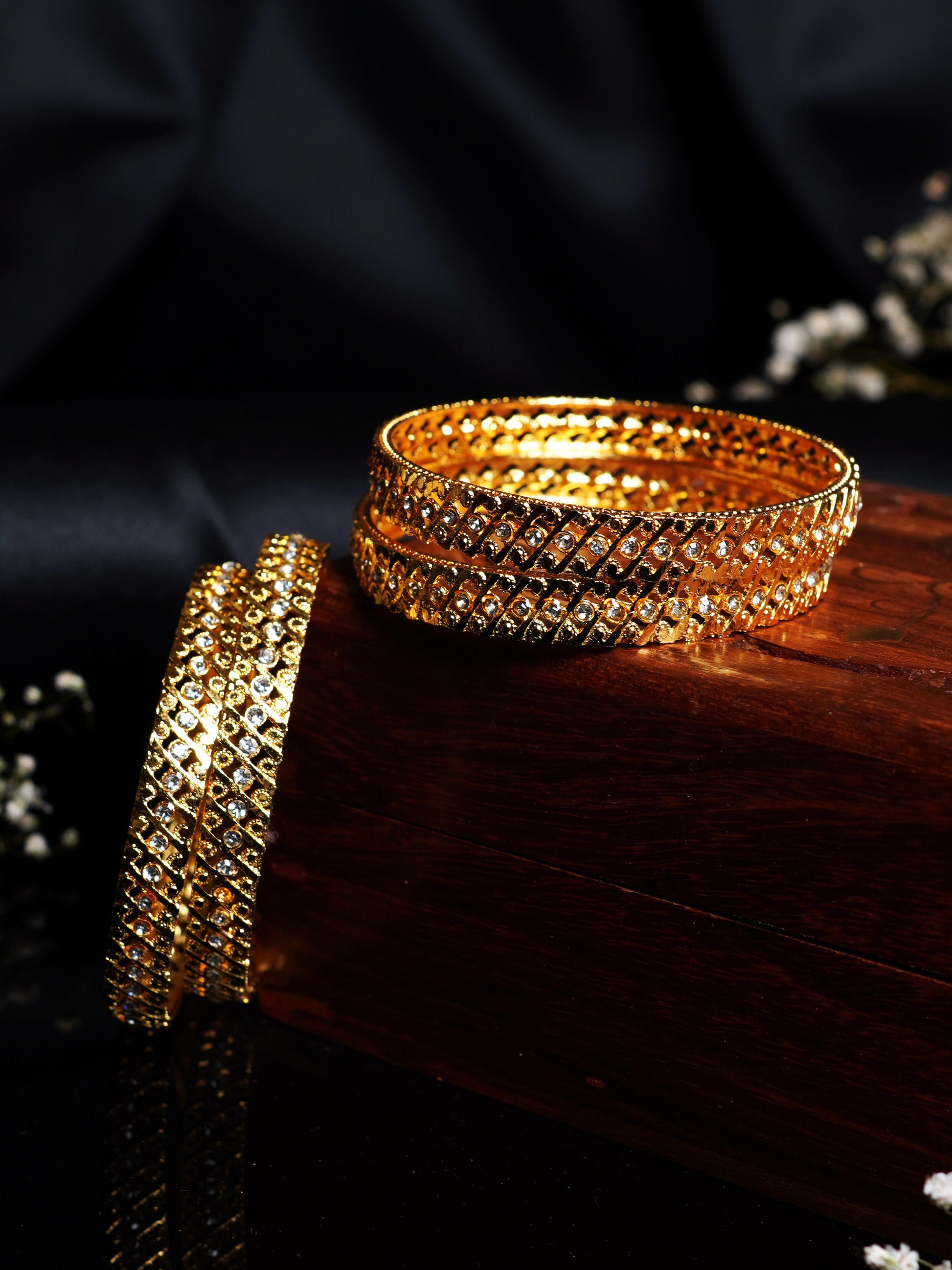 Stone Studded Diagonal Jali Bangle Set