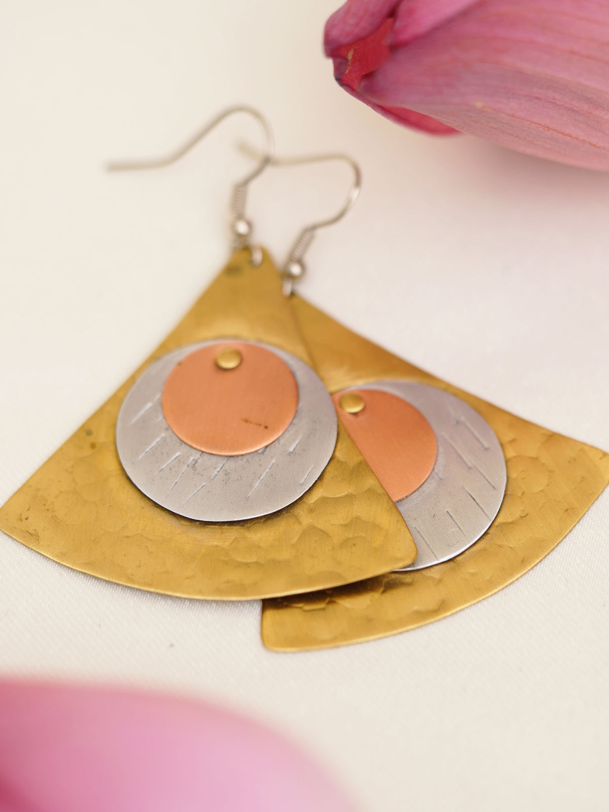Tri-Tone Geometric Fan Earrings