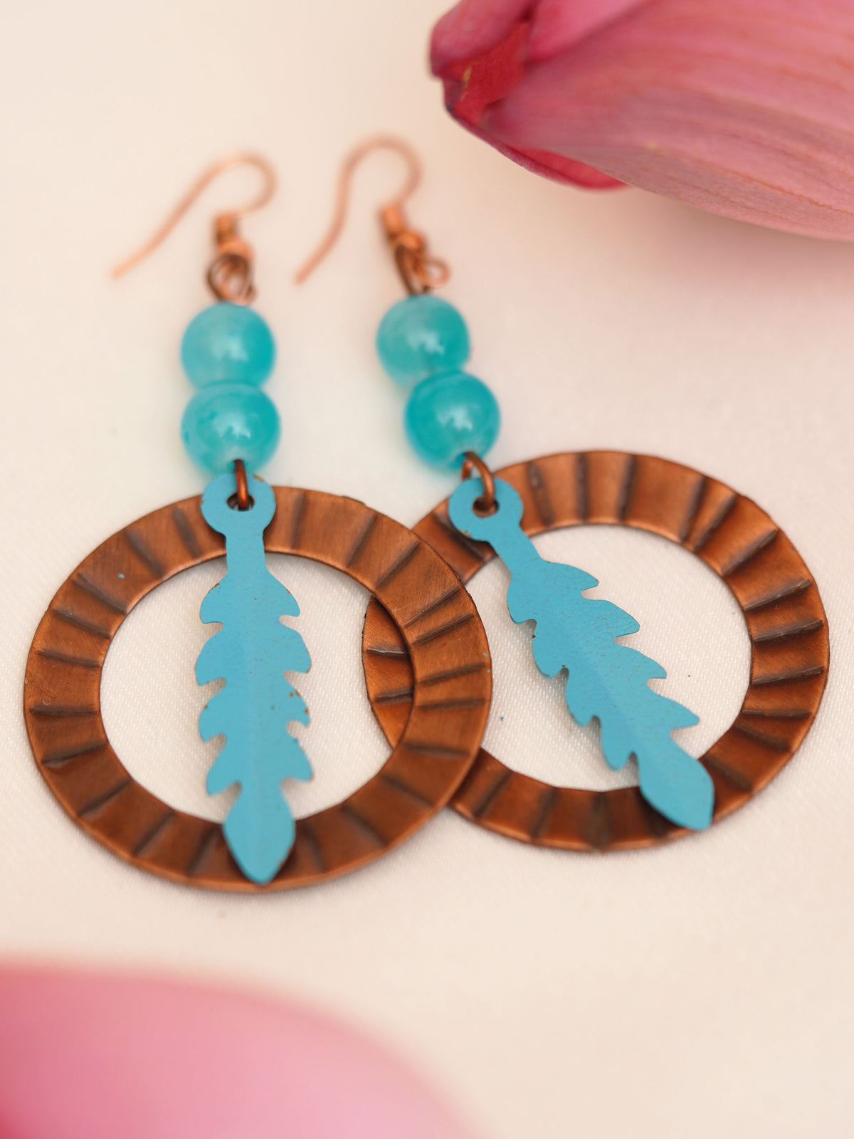 Turquoise Blue Feather Hoop Earrings