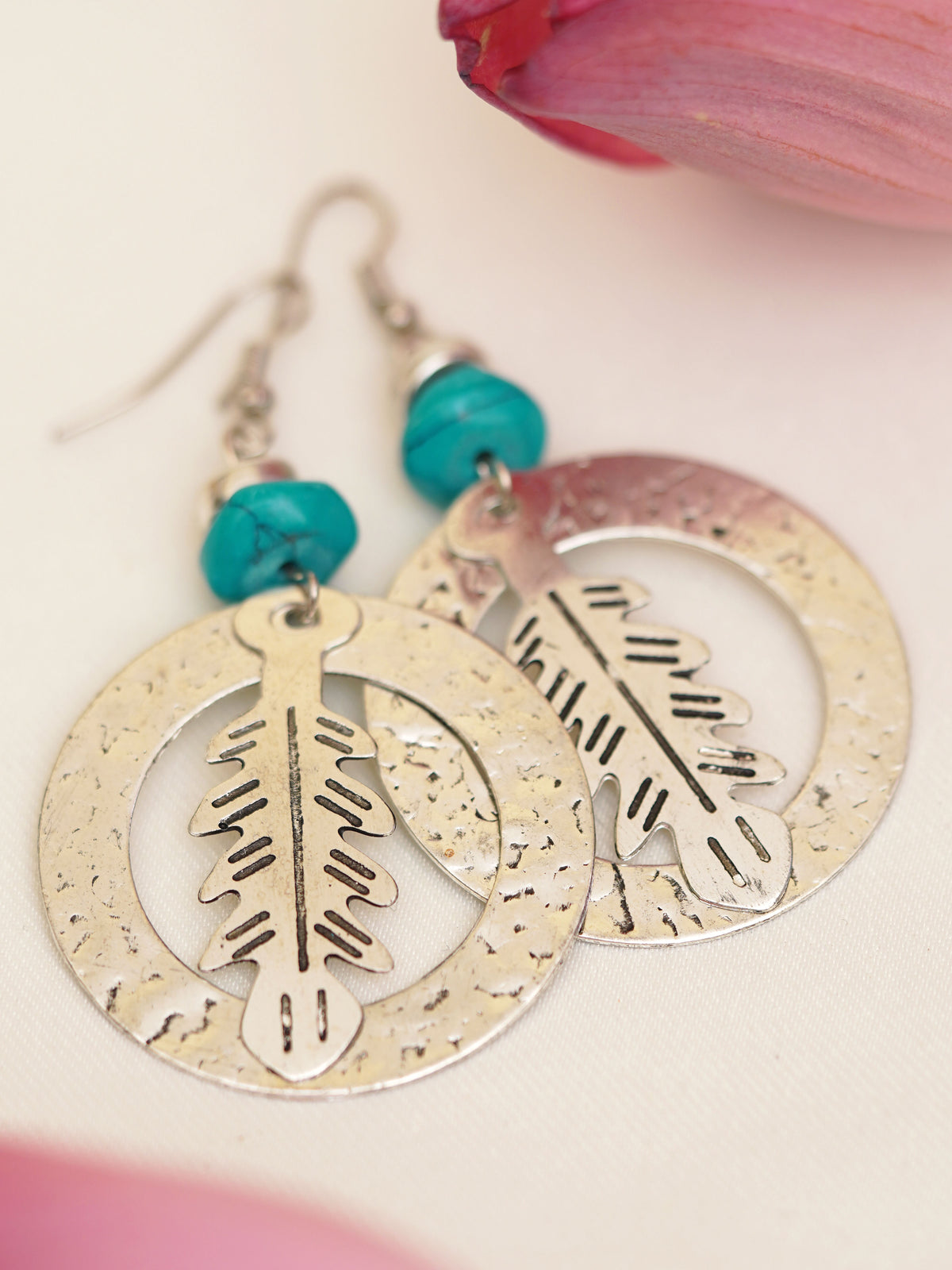 Silver Feather Circle Drop Earrings