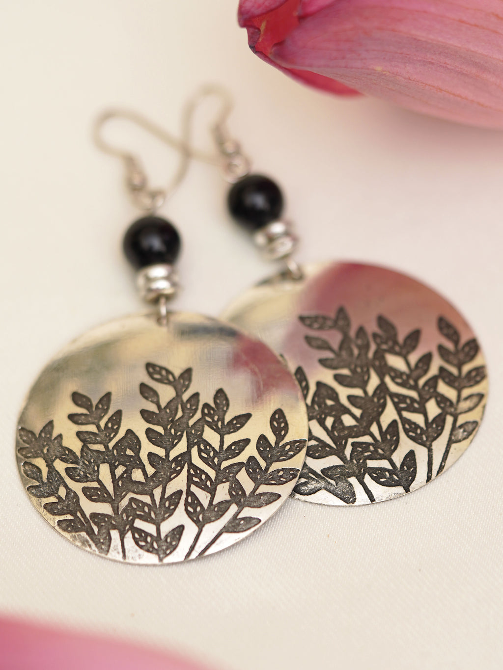 Silver Botanical Imprint Disc Earrings