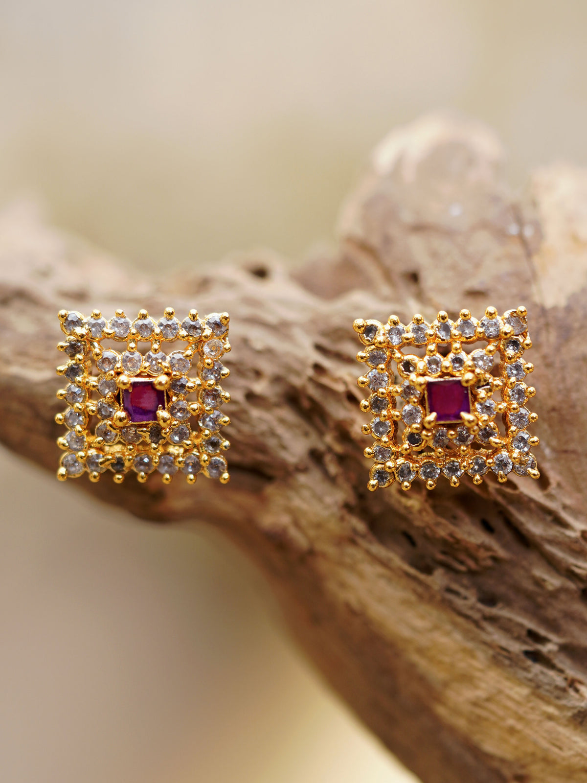 Magenta Grid Square Stud Earrings
