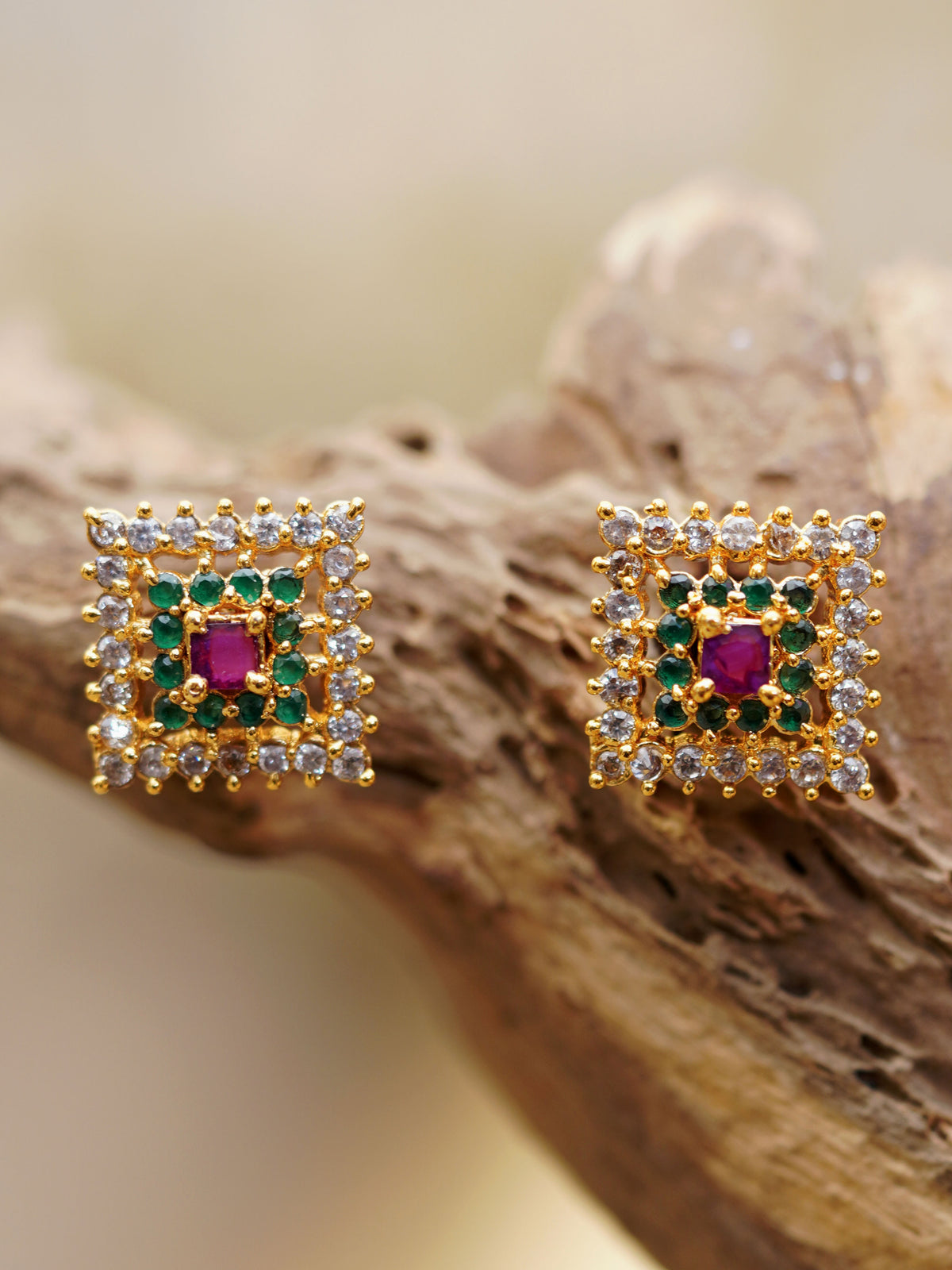 Multicolour Grid Square Stud Earrings
