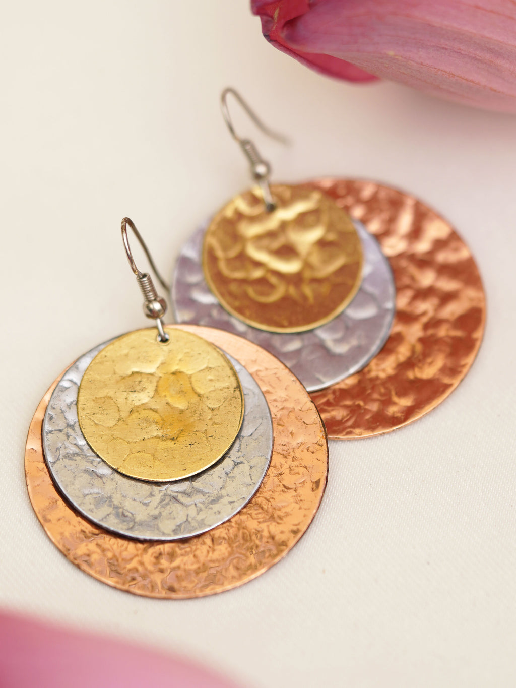 Tri-Metal Hammered Circle Earrings