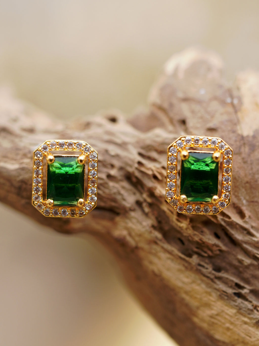 Deep Green Halo Stud Earrings