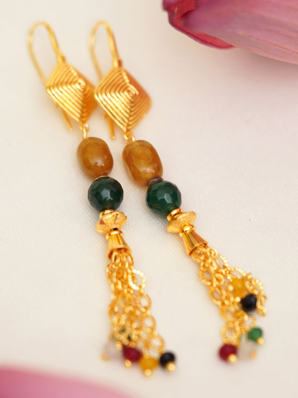 Ochre Green Tassel Drop Earrings