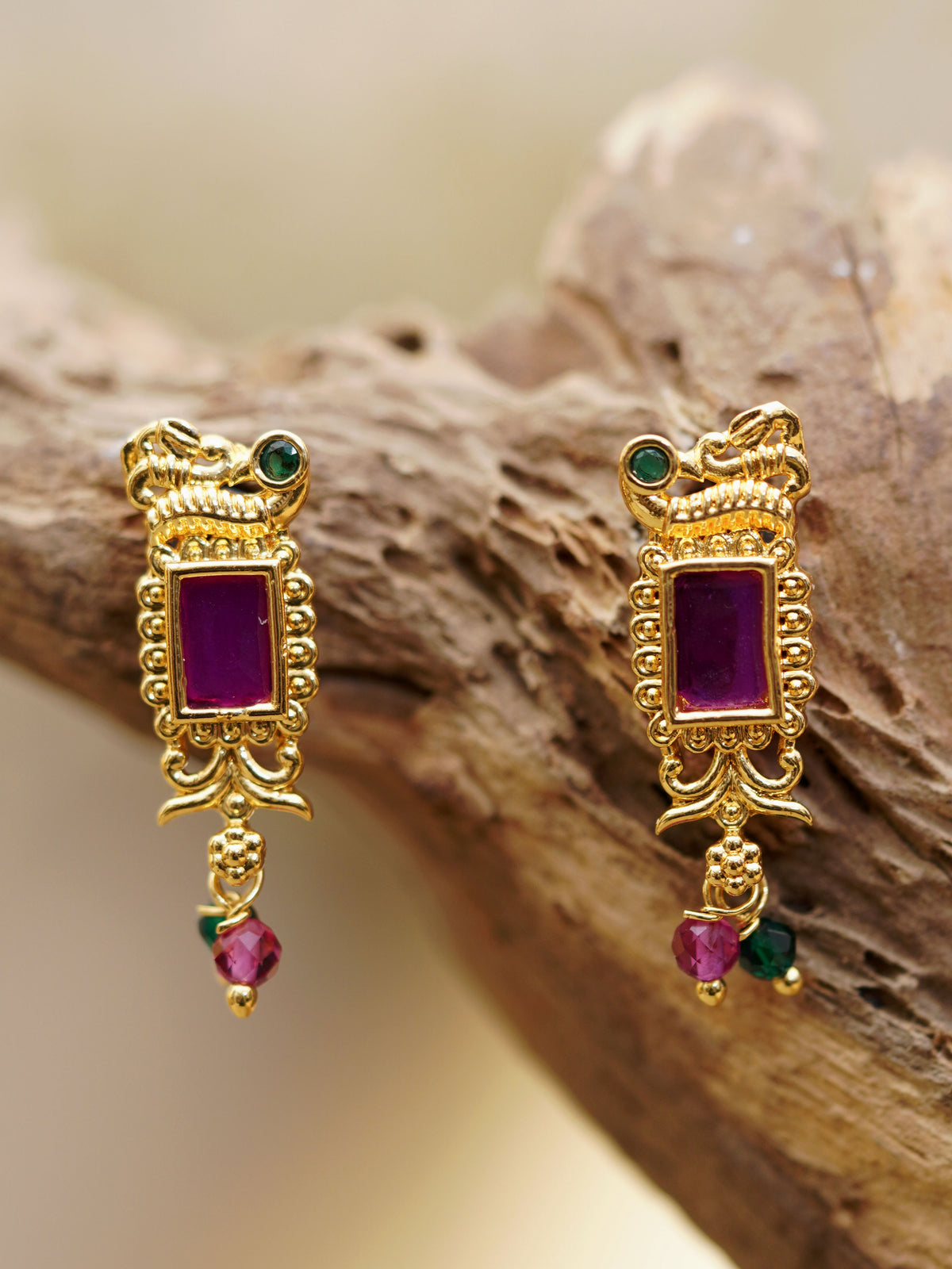 Magenta Scroll Bead Drop Earrings