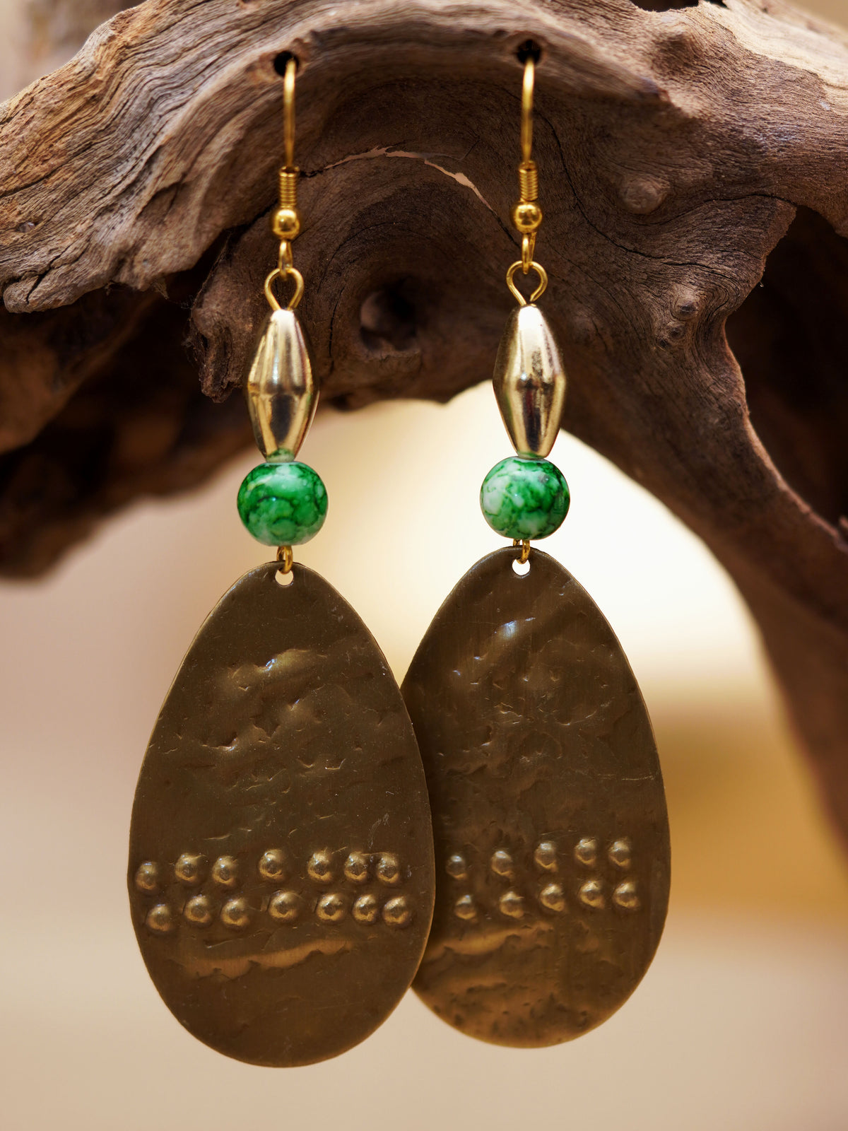 Green Bead Hammered Teardrop Earrings