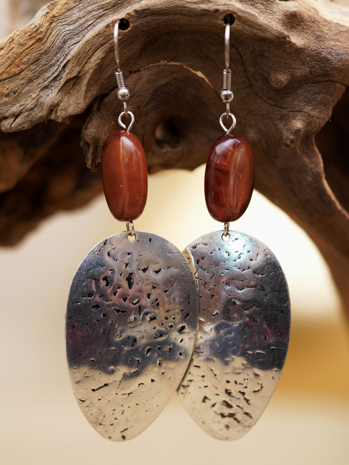 Brown Bead Hammered Oval Earrings