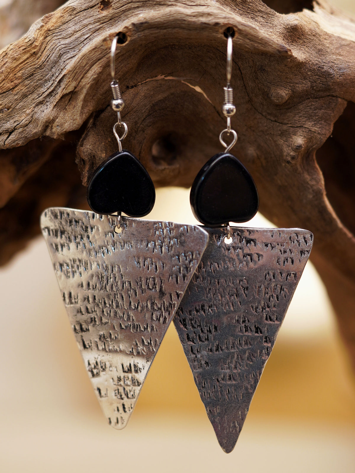 Black Bead Hammered Triangle Earrings