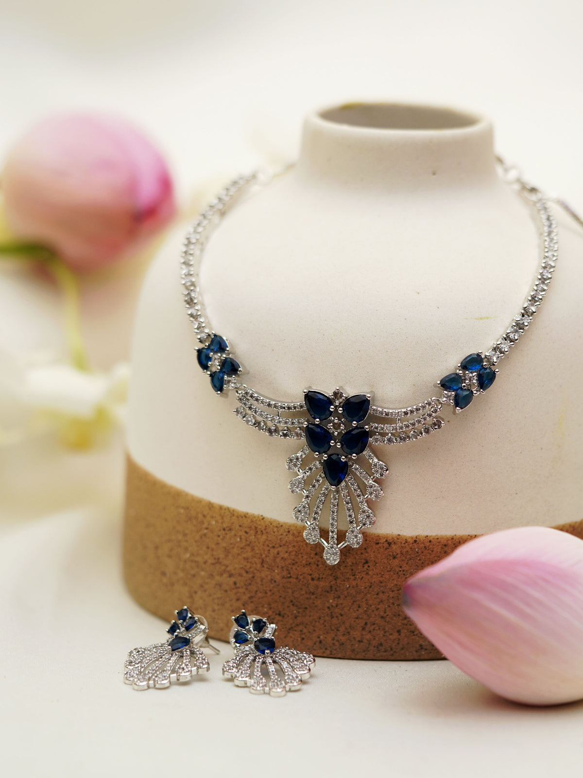 Midnight Blue Petal Cascade Necklace Set
