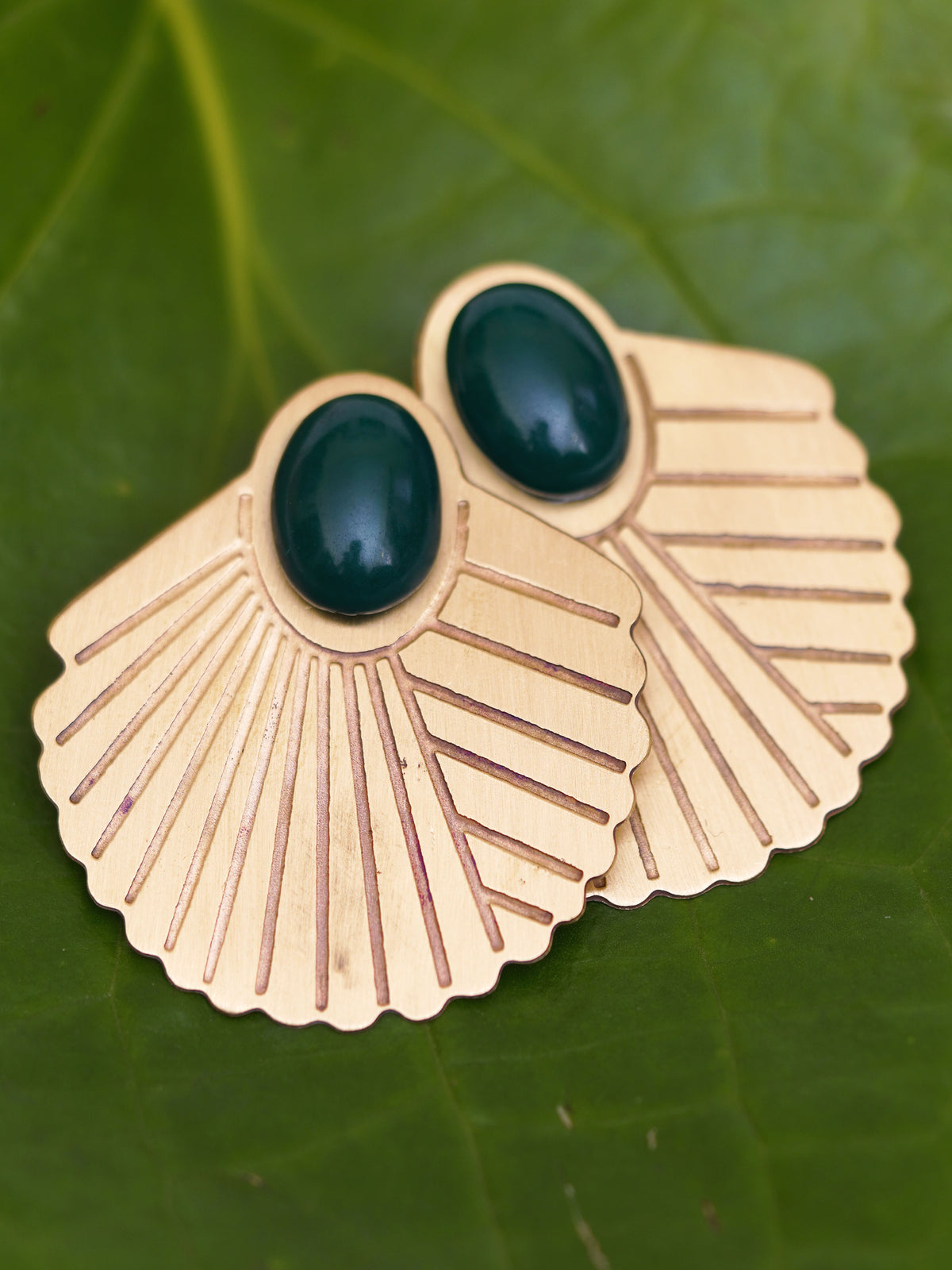Forest Green Sunray Fan Stud Earrings