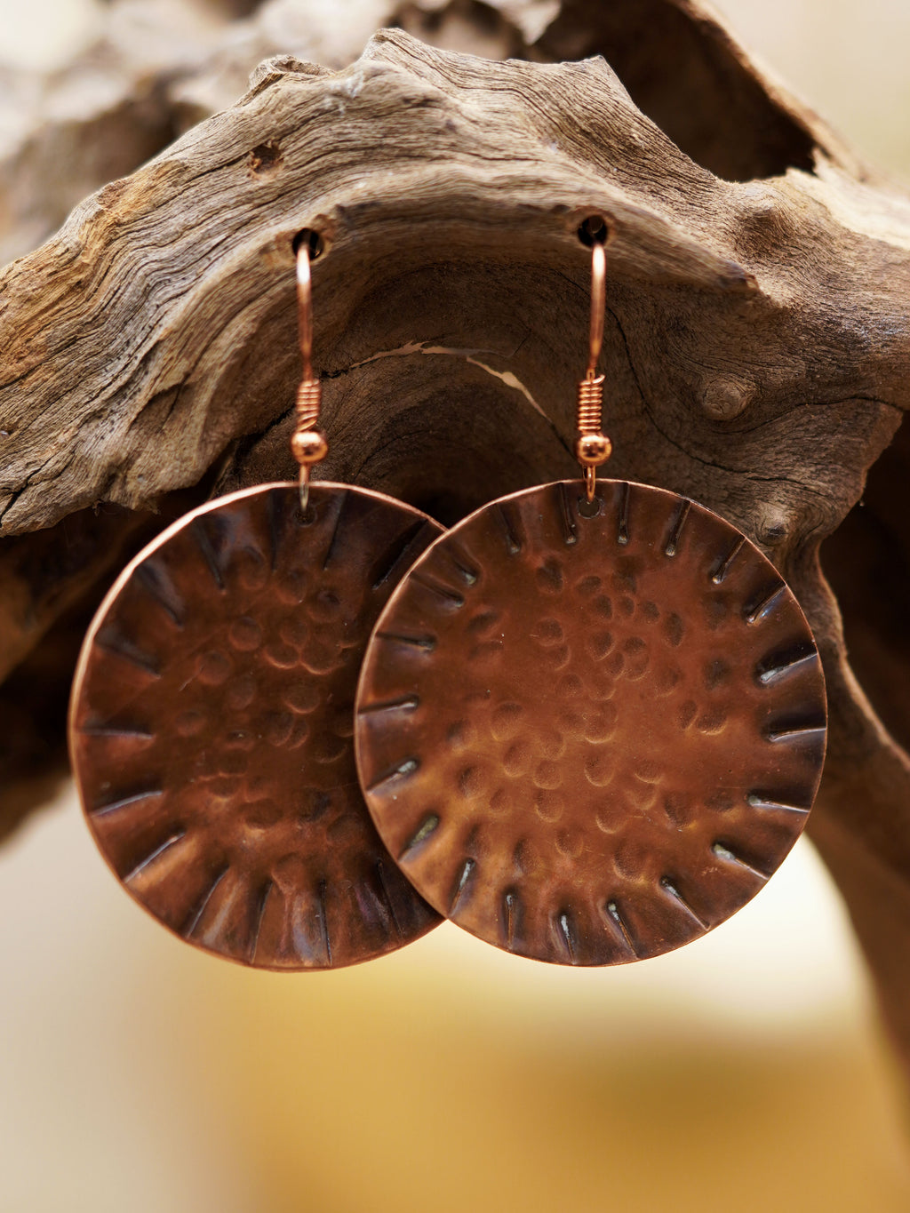Hammered Copper Sun Disc Earrings