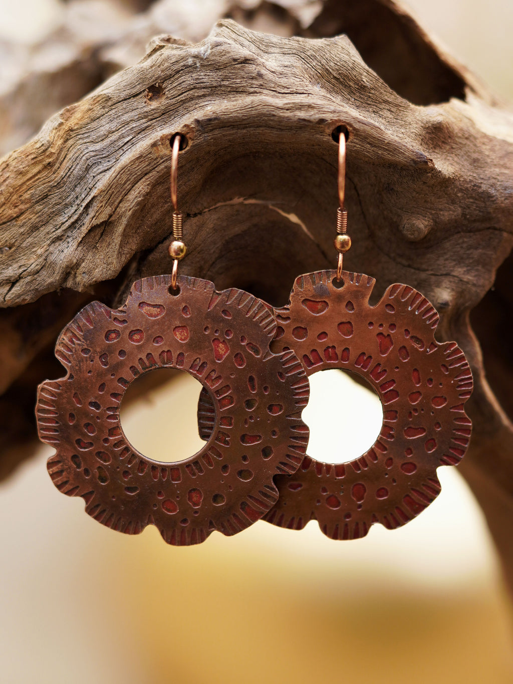 Hammered Copper Floral Hoop Earrings
