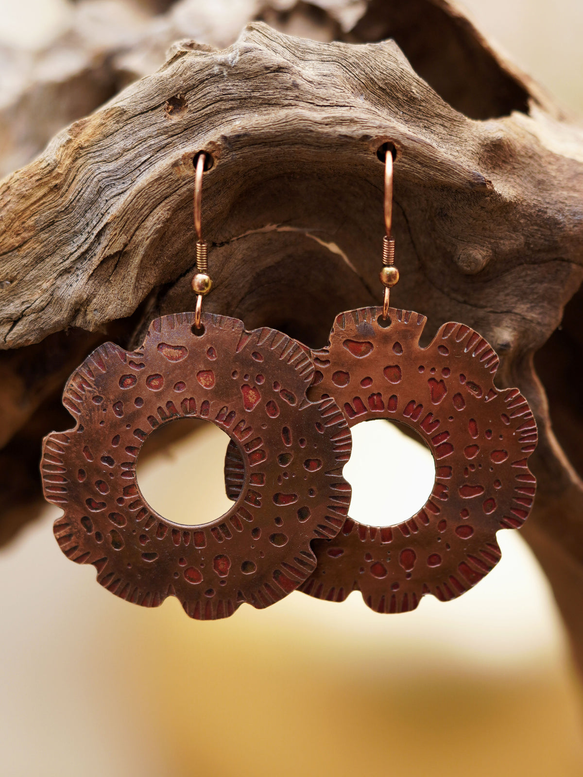 Hammered Copper Floral Hoop Earrings