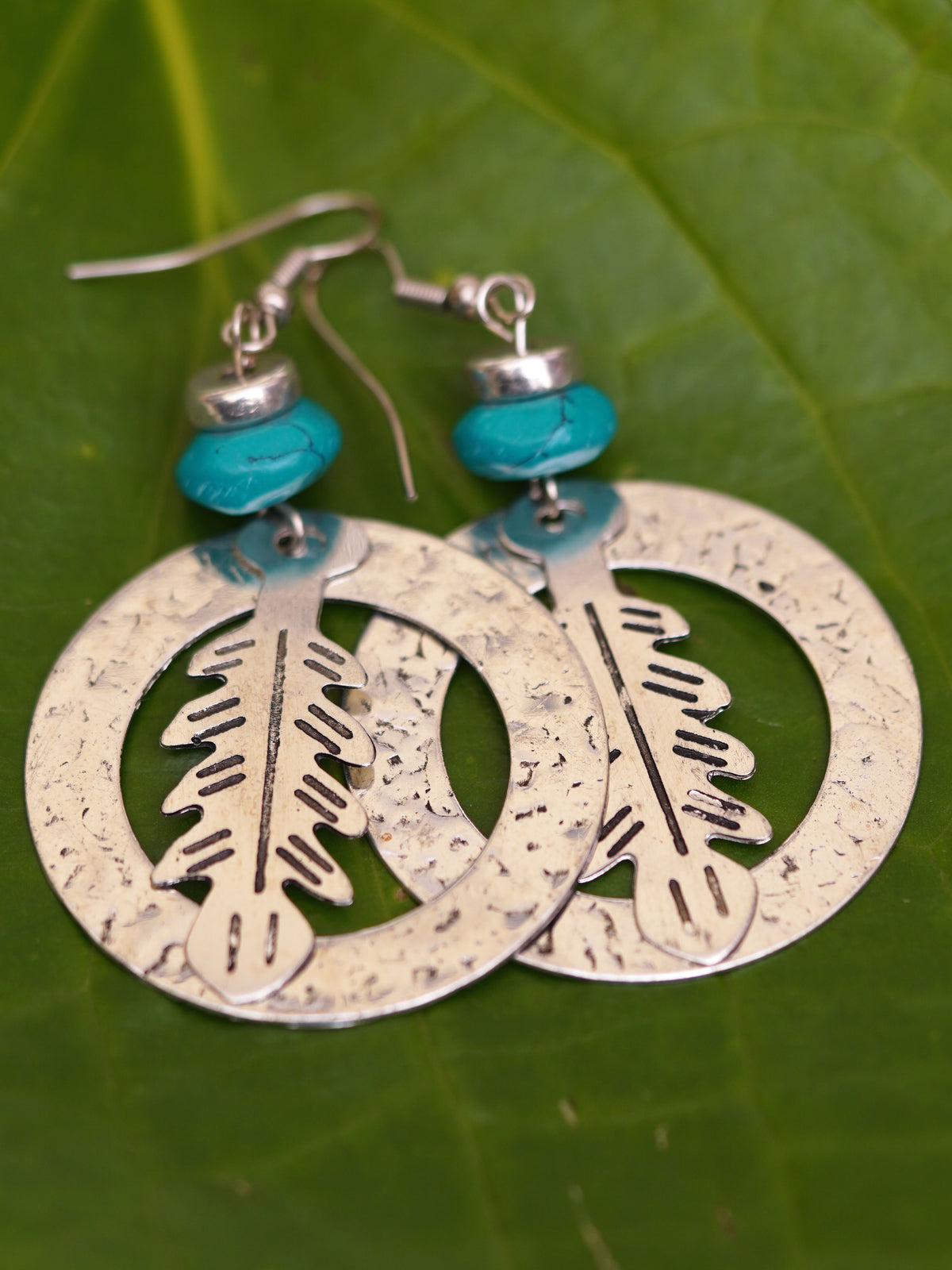 Silver Feather Circle Drop Earrings