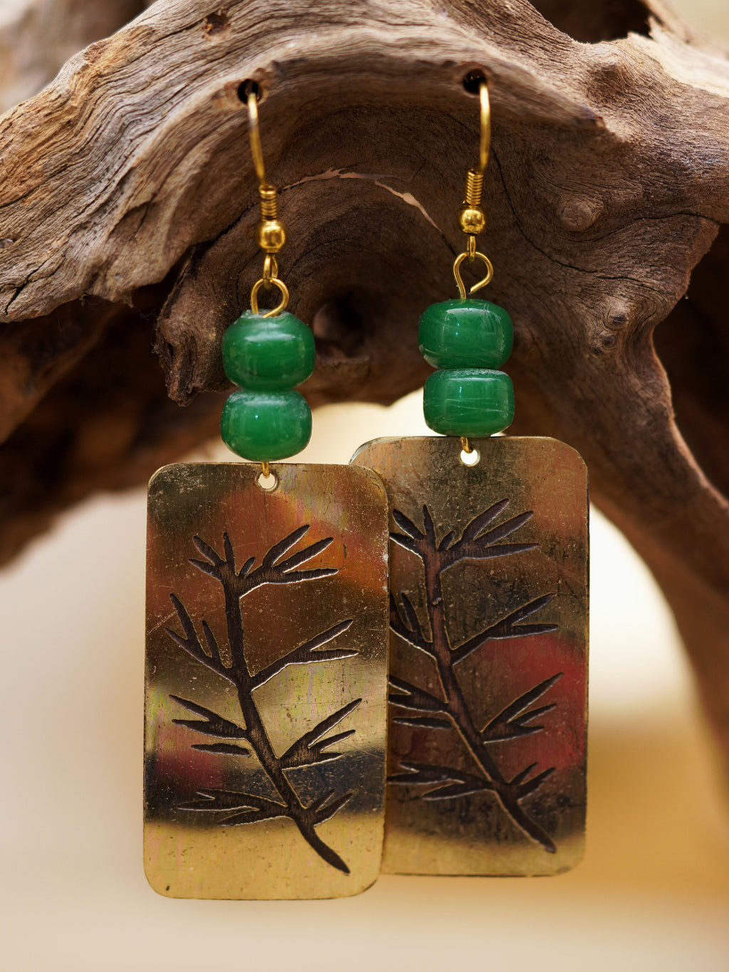 Green Bead Botanical Rectangle Earrings