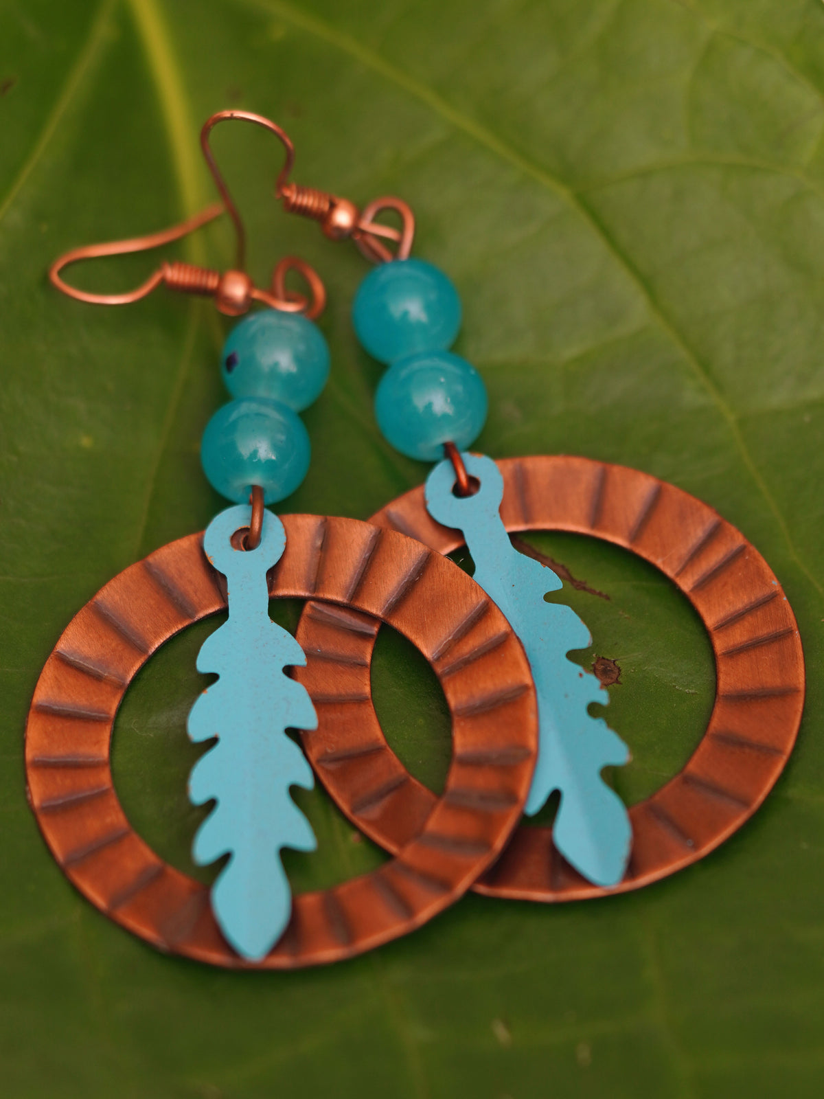 Turquoise Blue Feather Hoop Earrings