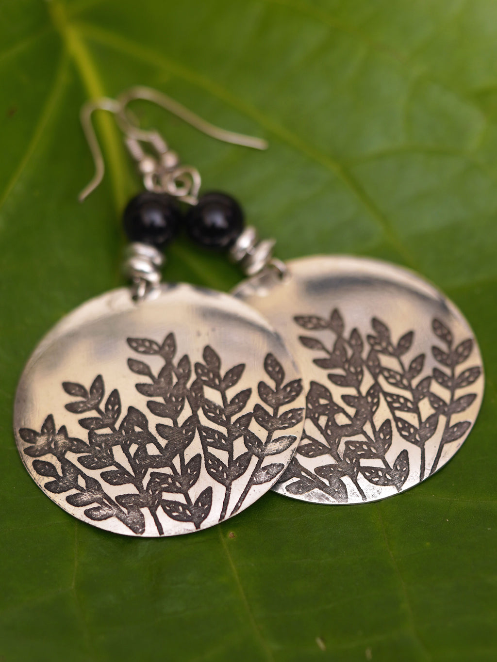 Silver Botanical Imprint Disc Earrings