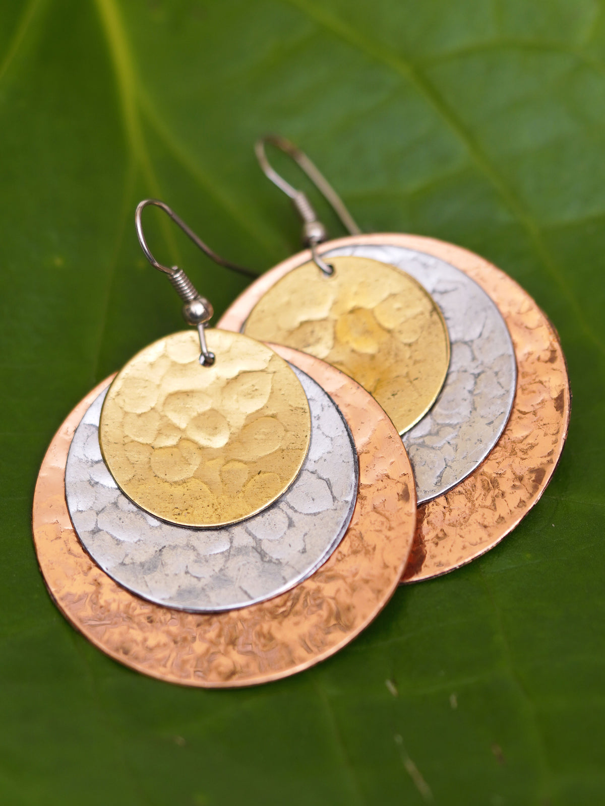 Tri-Metal Hammered Circle Earrings