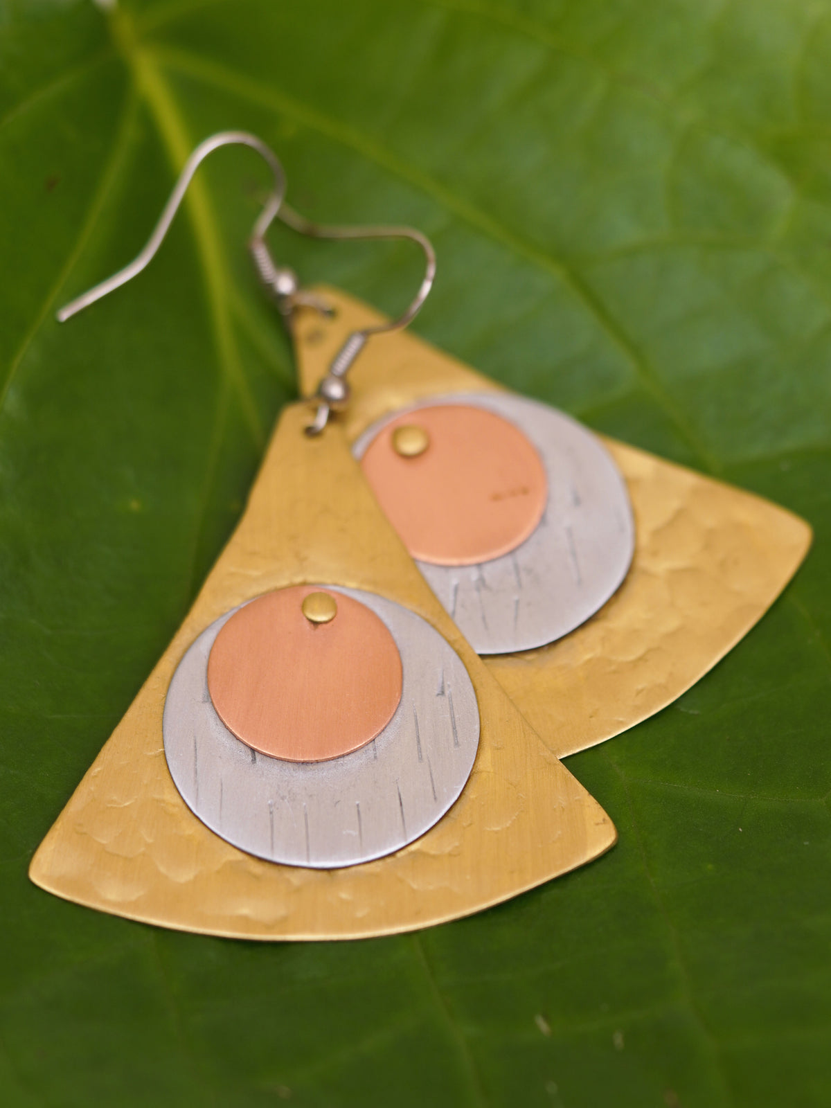 Tri-Tone Geometric Fan Earrings