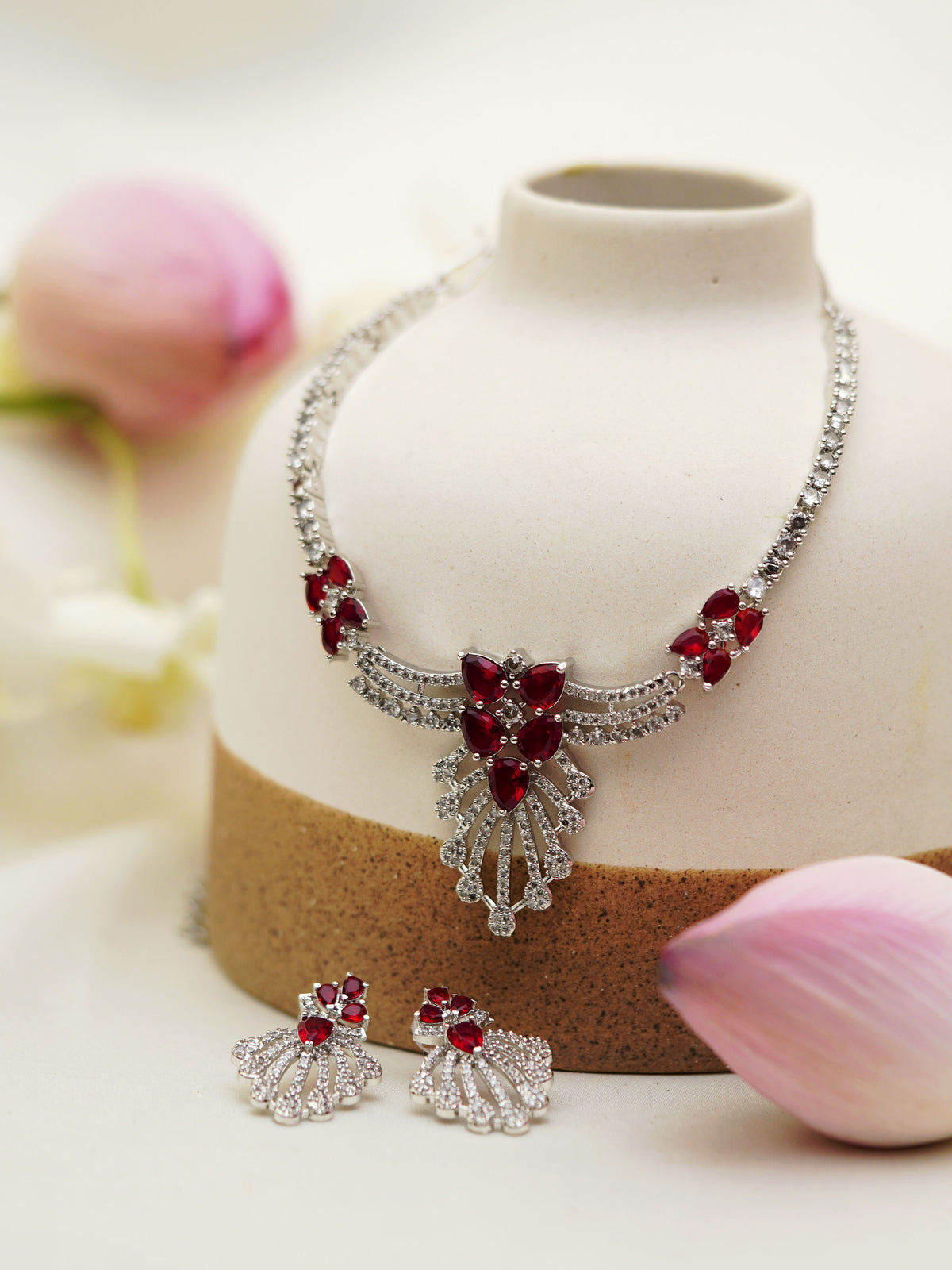 Red Petal Cascade Necklace Set