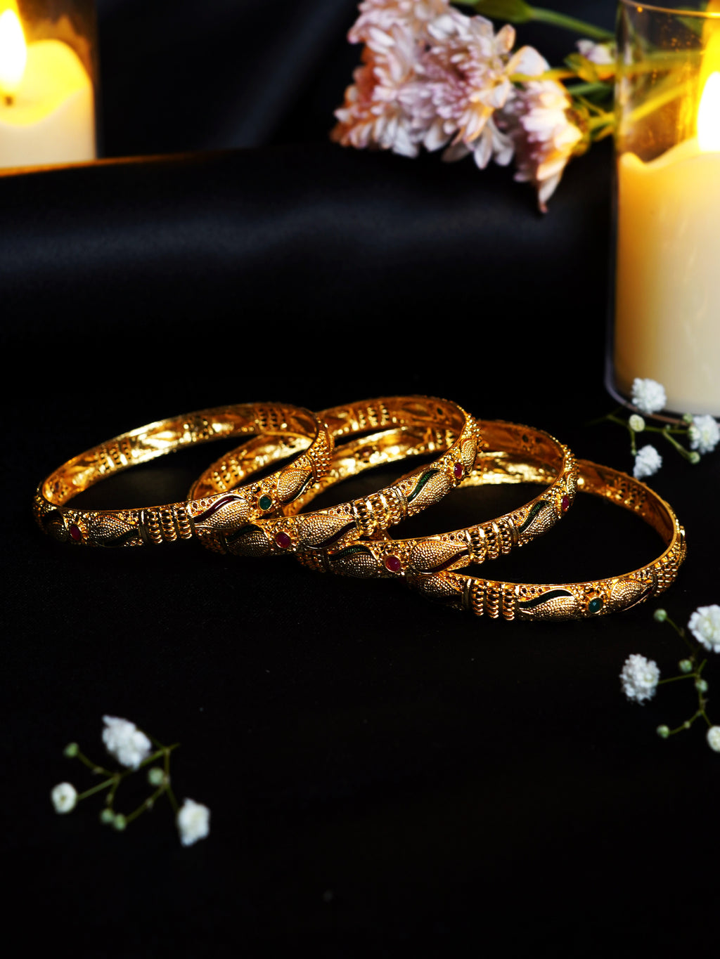 Antique Leaf Design Gold Bangle Set