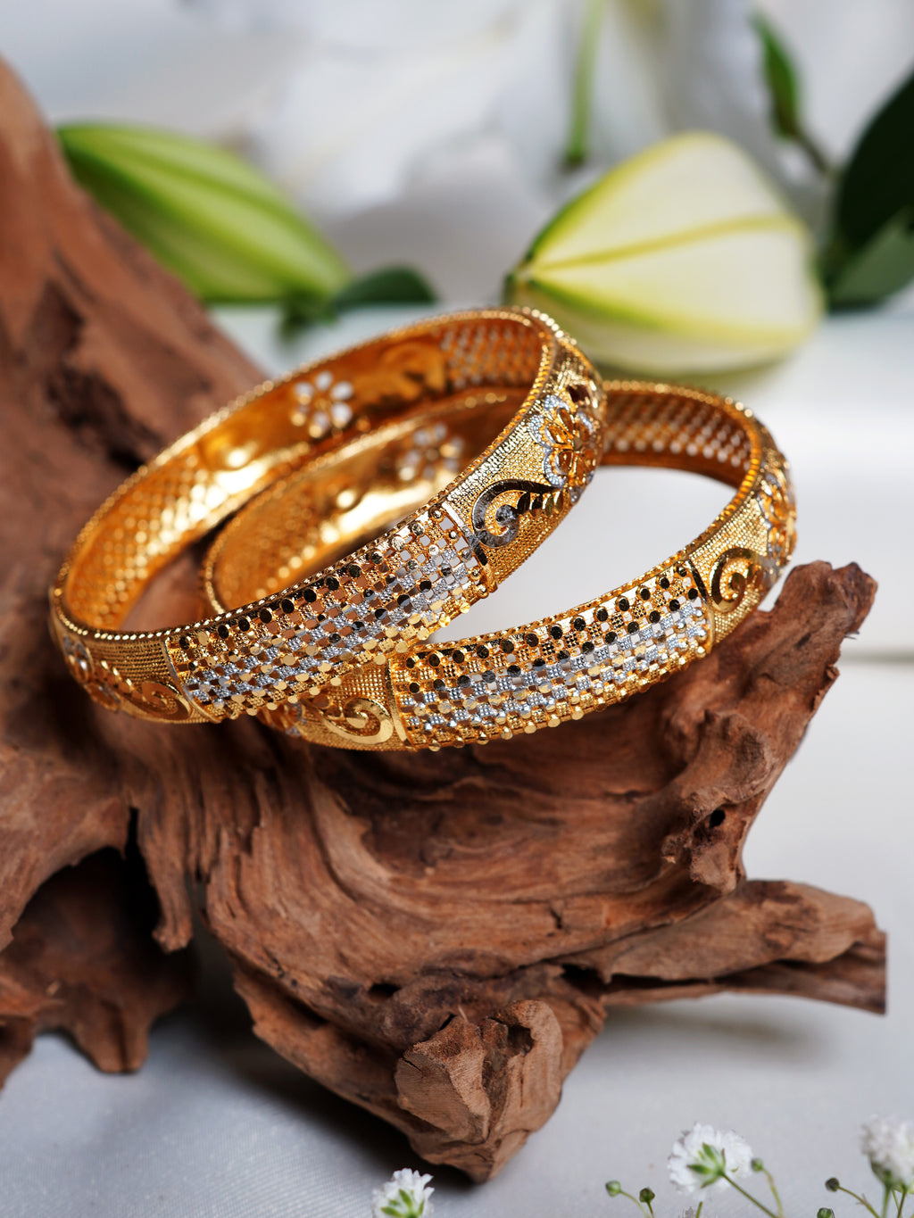 Dual Tone Floral Mesh Gold Bangle Set