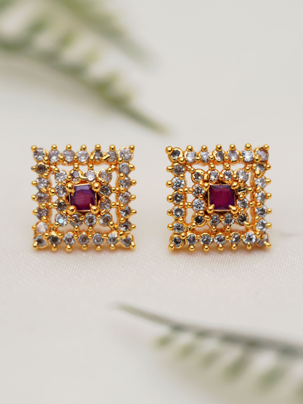 Magenta Grid Square Stud Earrings