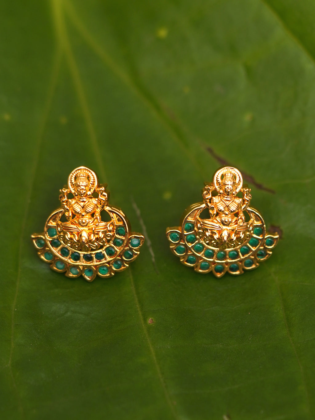 Green Lakshmi Temple Stud Earrings