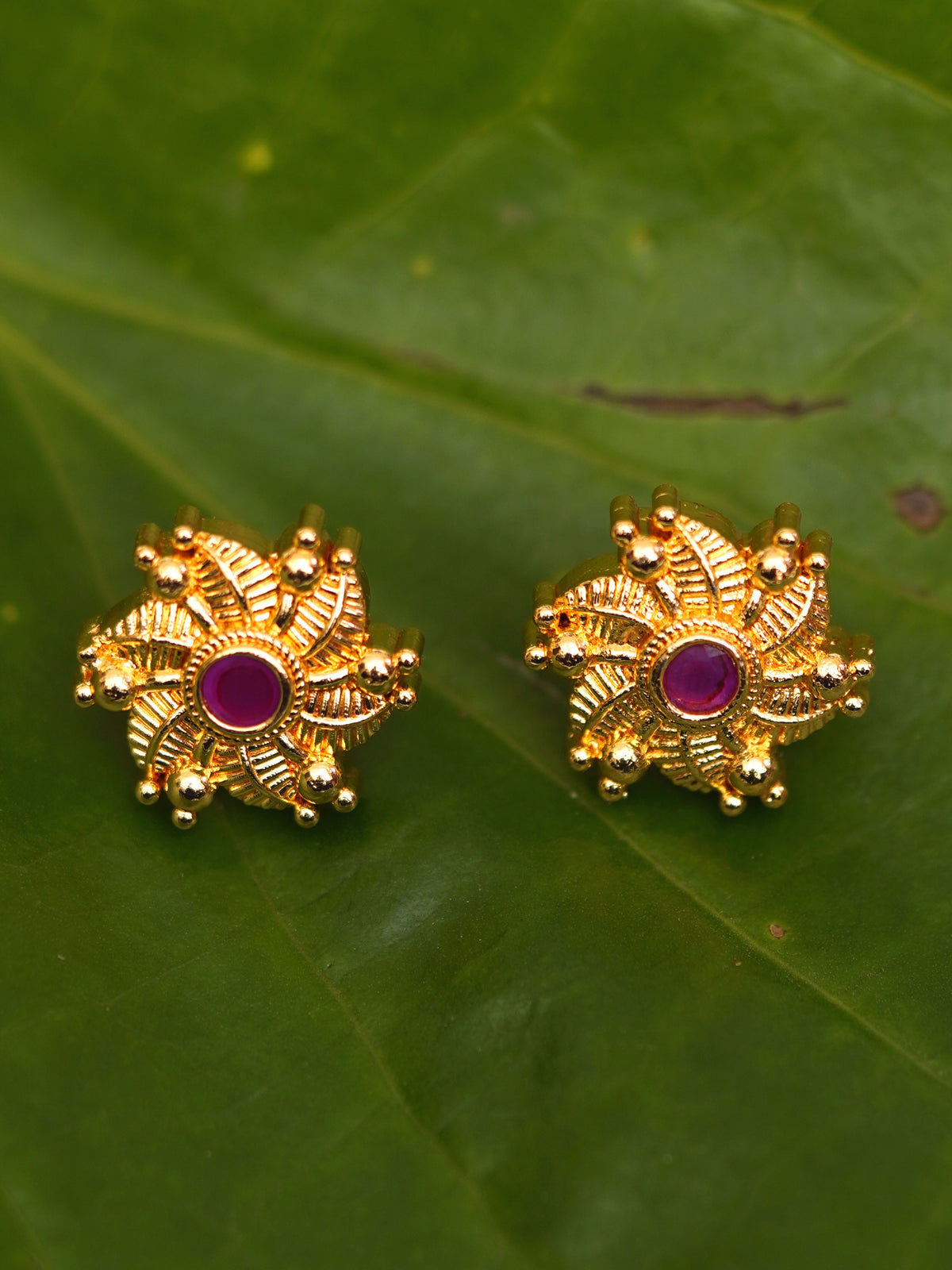 Magenta Floral Wheel Stud Earrings