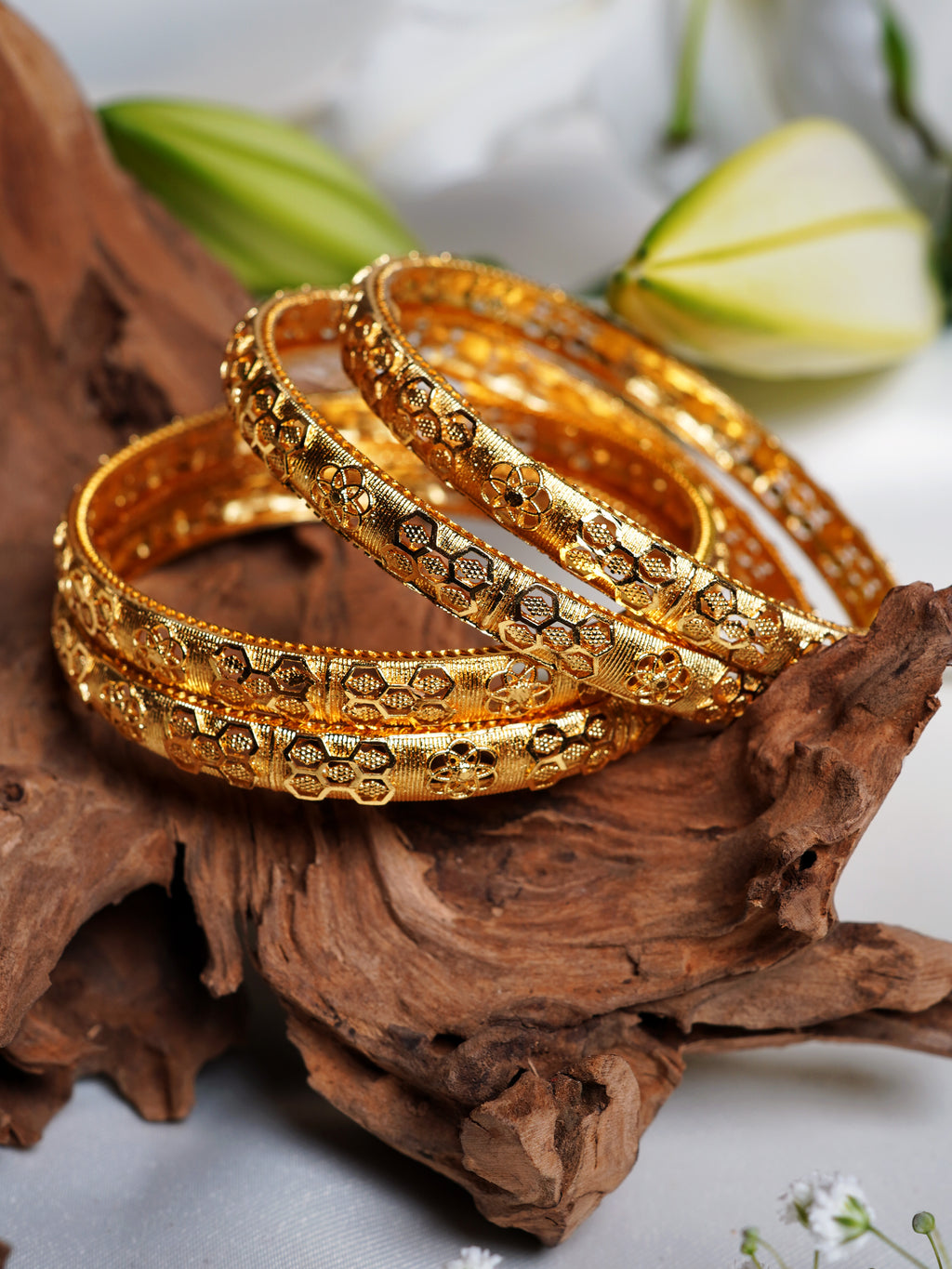 Floral Honeycomb Gold Bangle Set