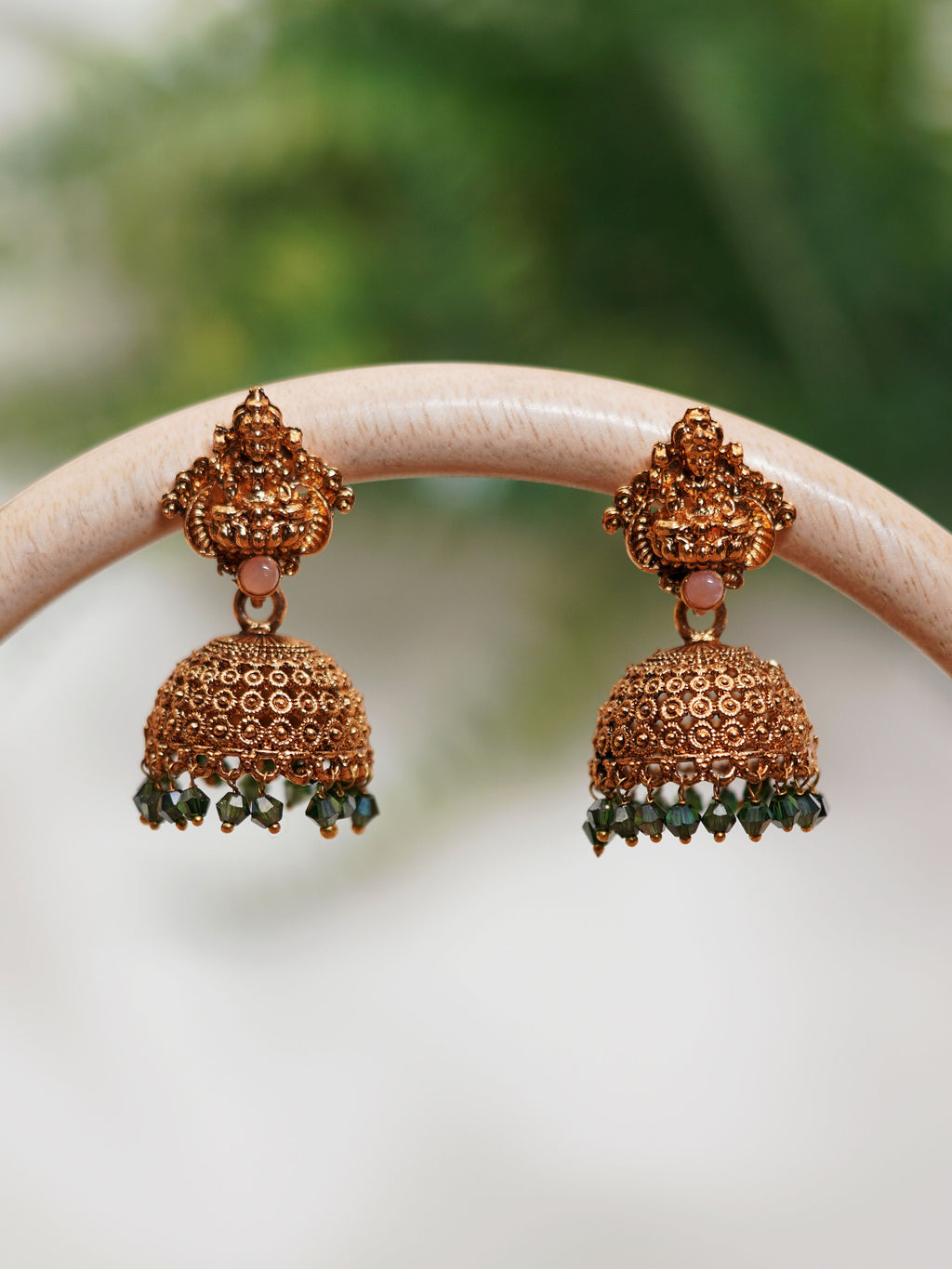 Temple Dome Green Bead Jhumka Earrings
