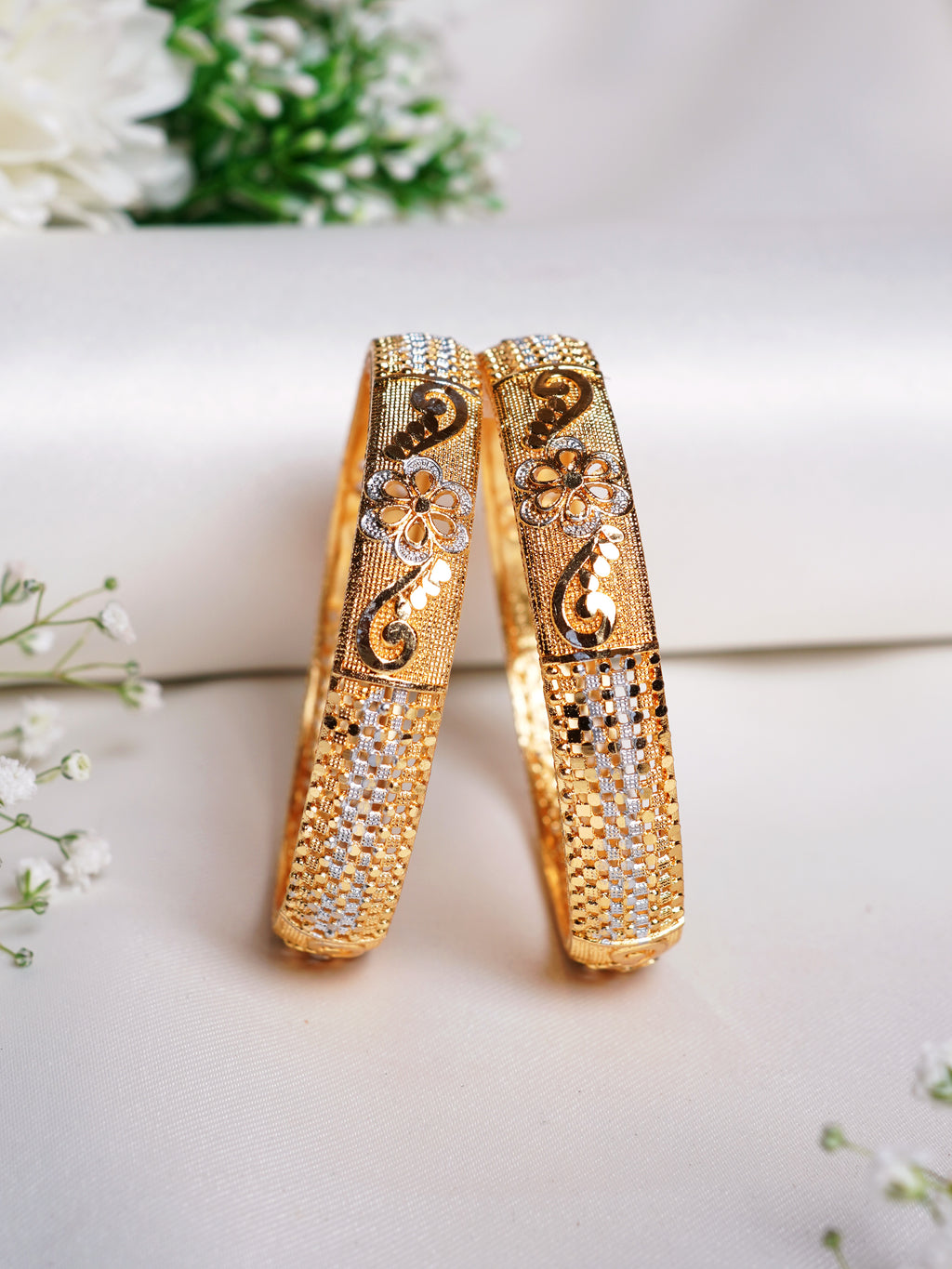 Dual Tone Floral Mesh Gold Bangle Set