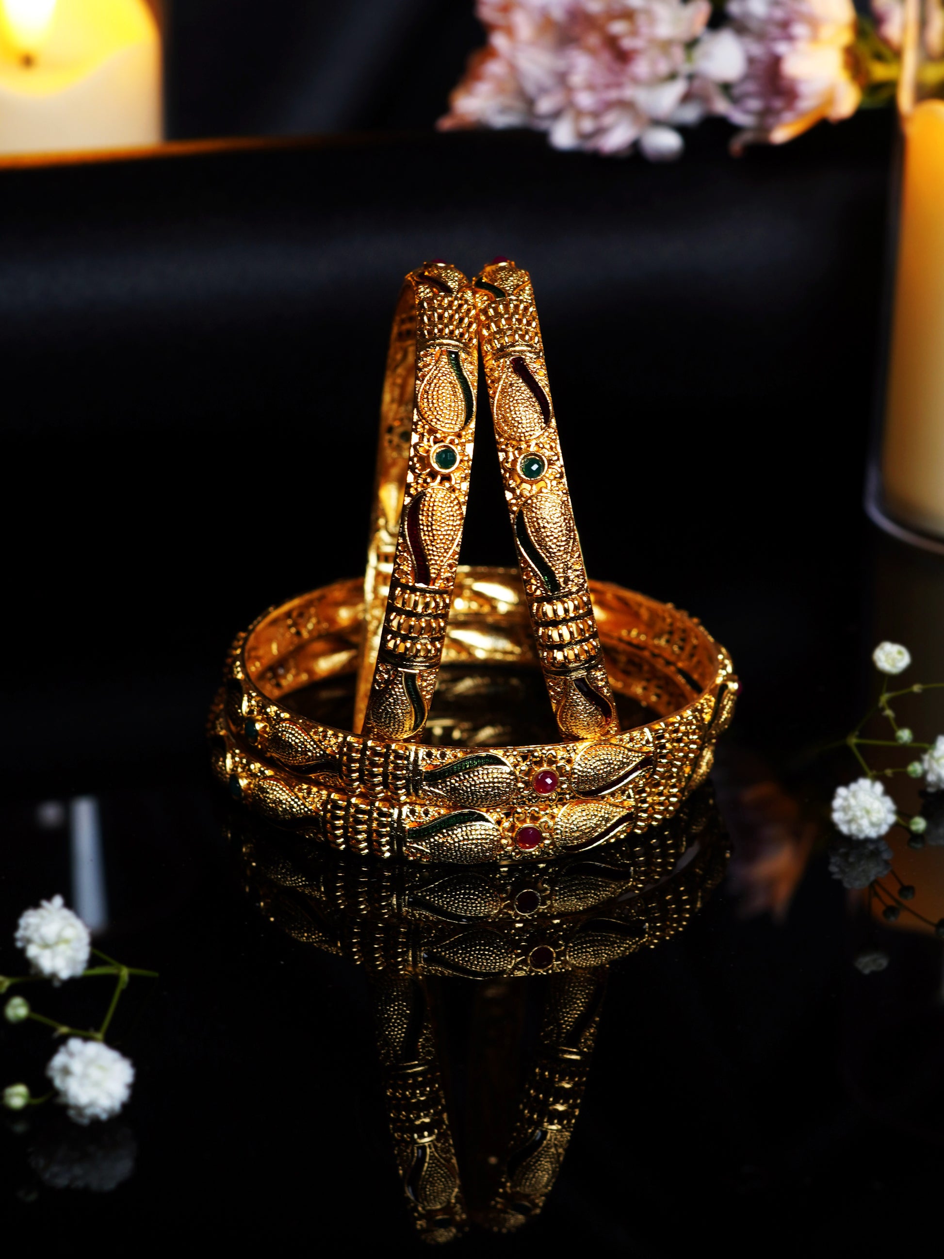 Antique Leaf Design Gold Bangle Set