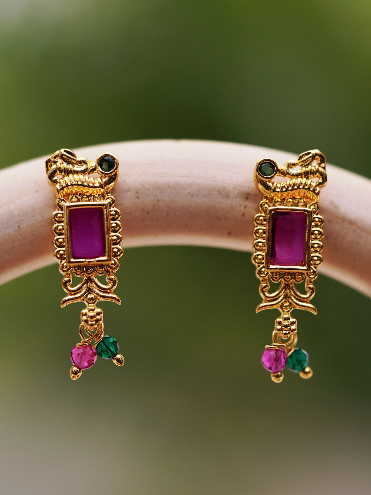 Magenta Scroll Bead Drop Earrings