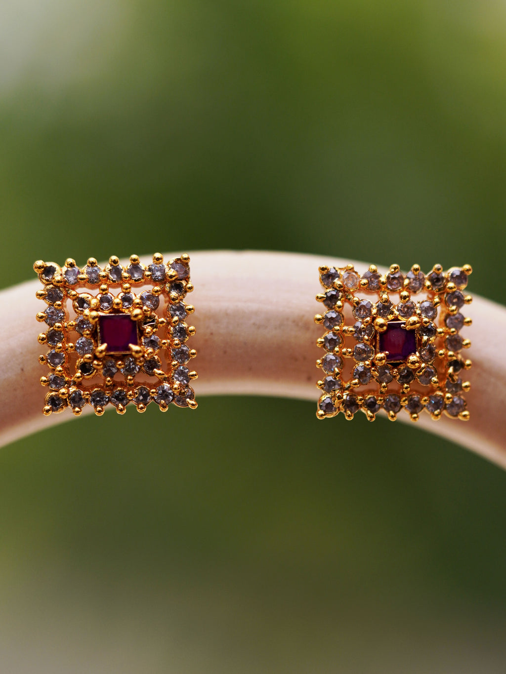 Magenta Grid Square Stud Earrings