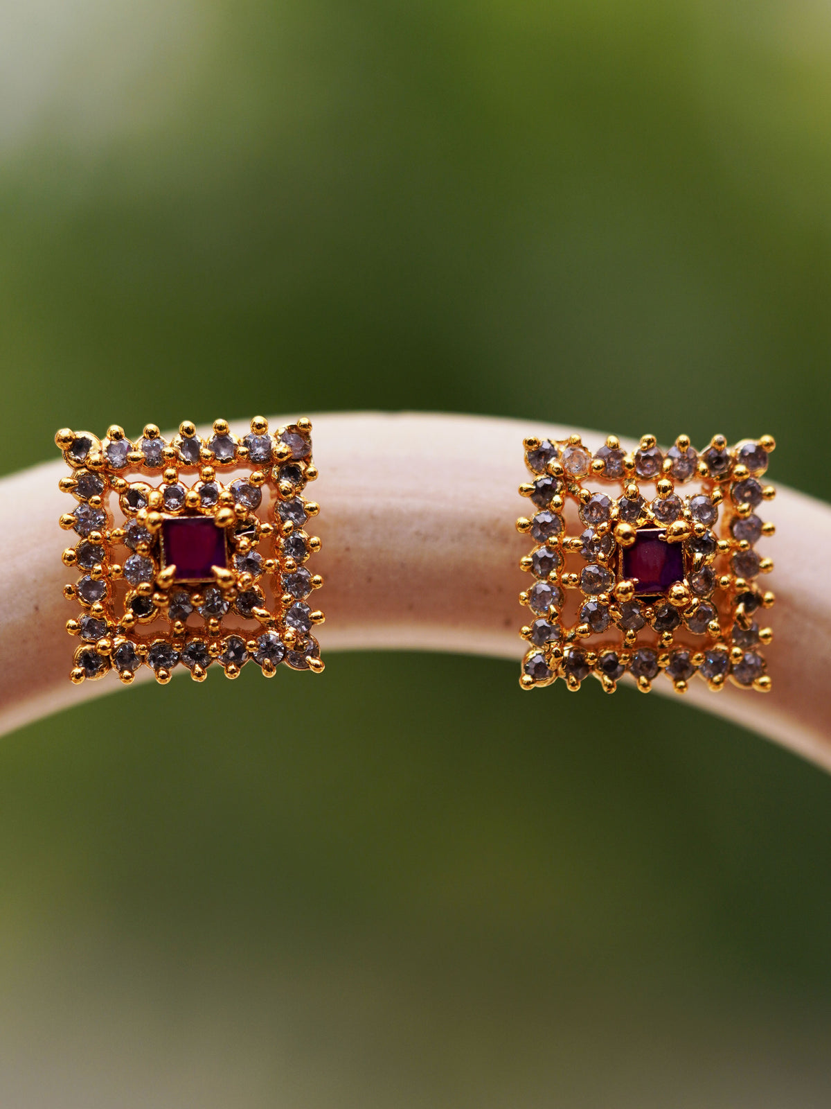 Magenta Grid Square Stud Earrings