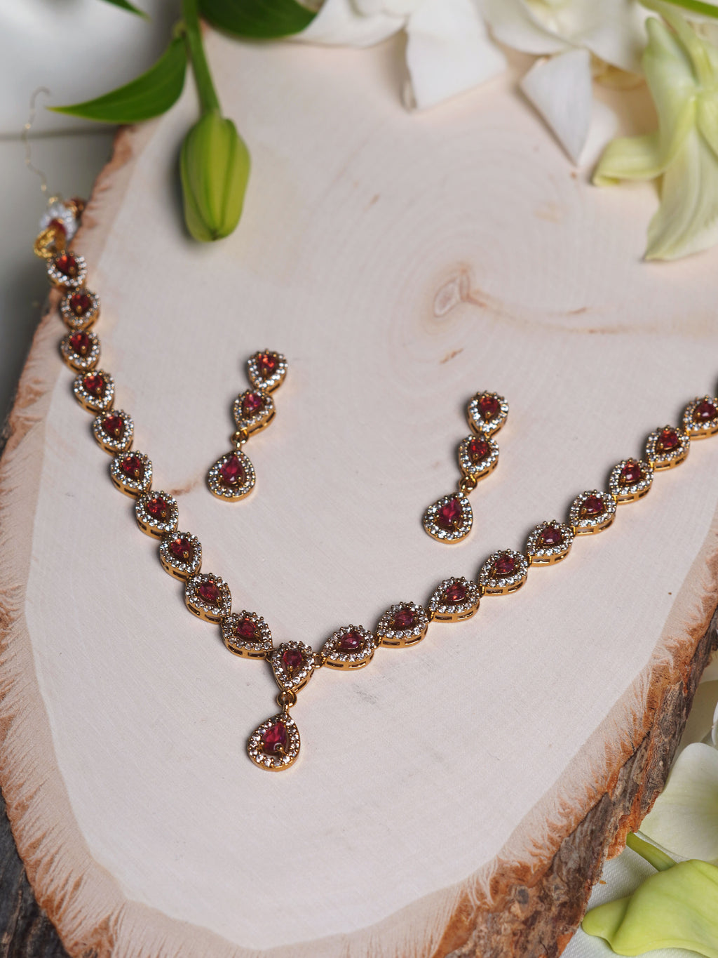Crimson Teardrop Tennis Necklace Set