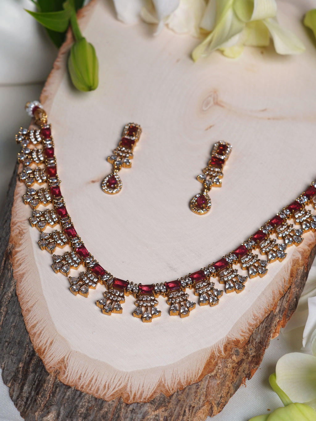 Crimson Cascade Crystal Statement Necklace Set