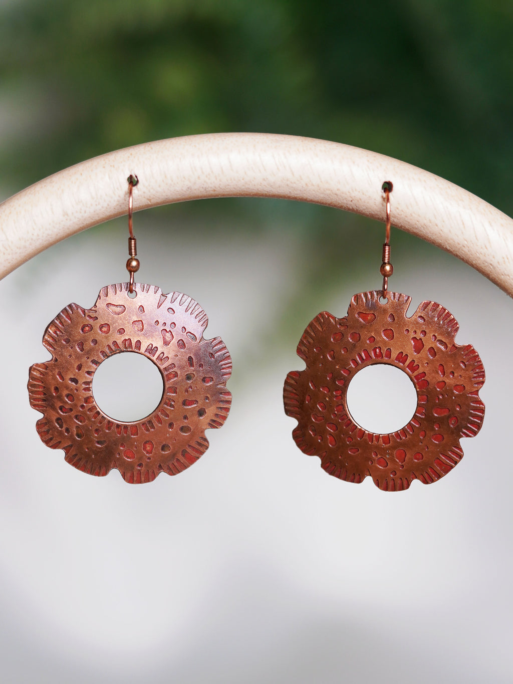 Hammered Copper Floral Hoop Earrings