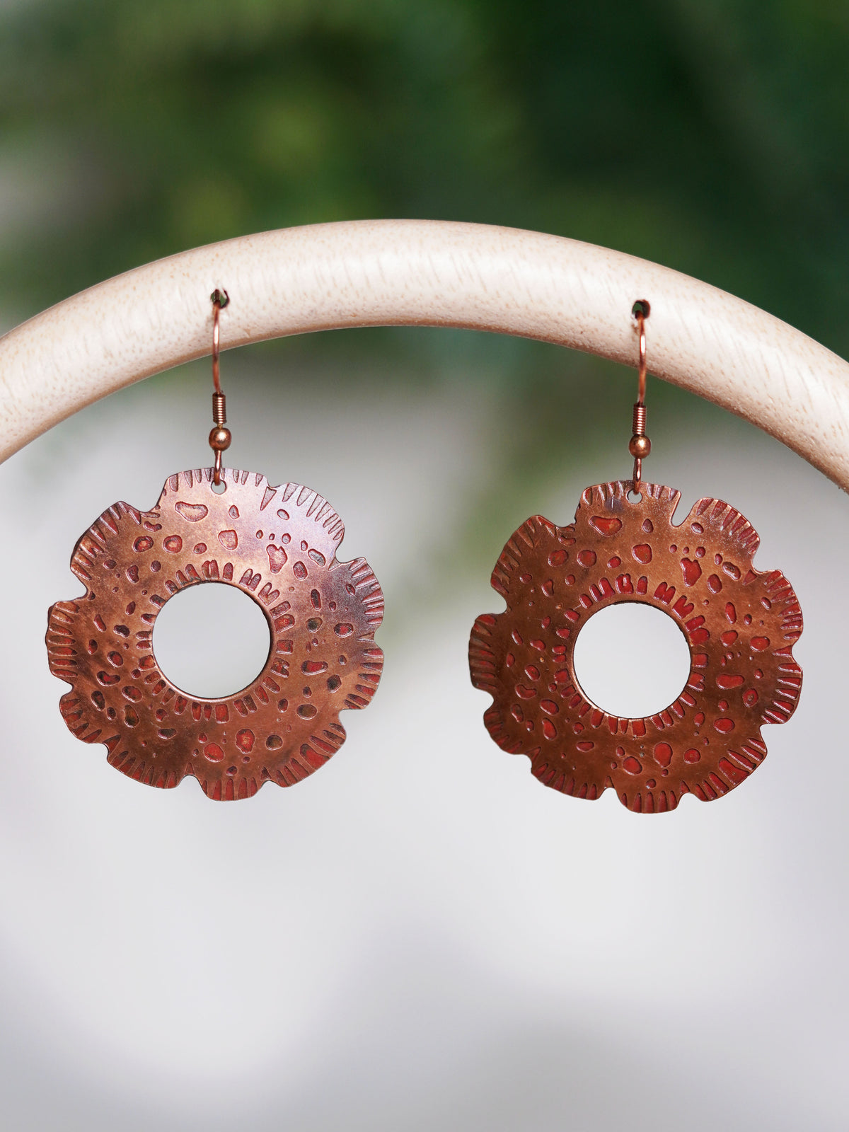 Hammered Copper Floral Hoop Earrings
