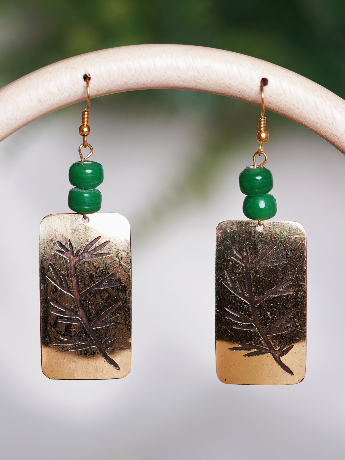 Green Bead Botanical Rectangle Earrings